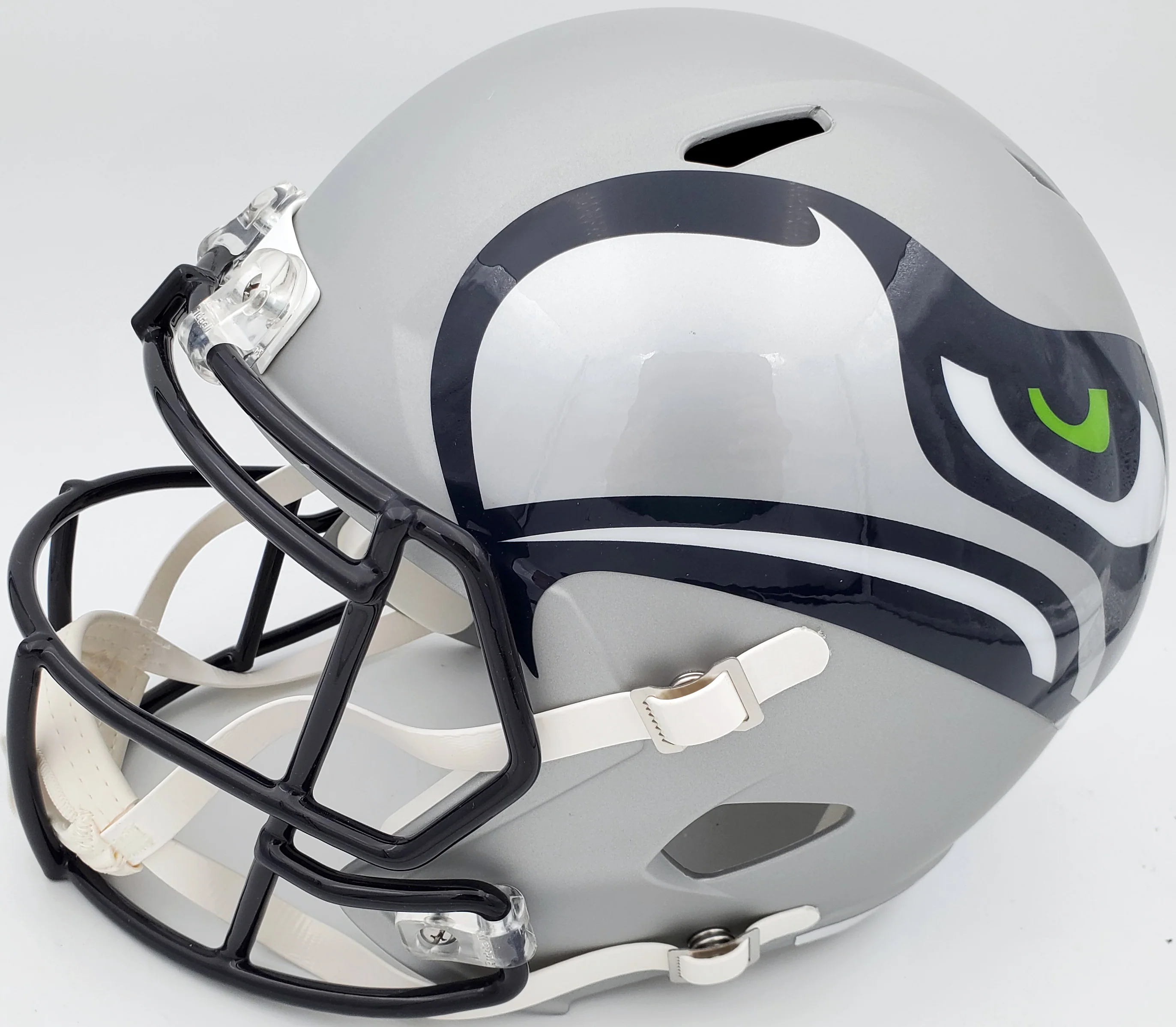 Russell Wilson Autographed Seattle Seahawks Gray AMP Full Size Speed Replica Helmet In Blue RW Holo Stock #159113 - Image 4