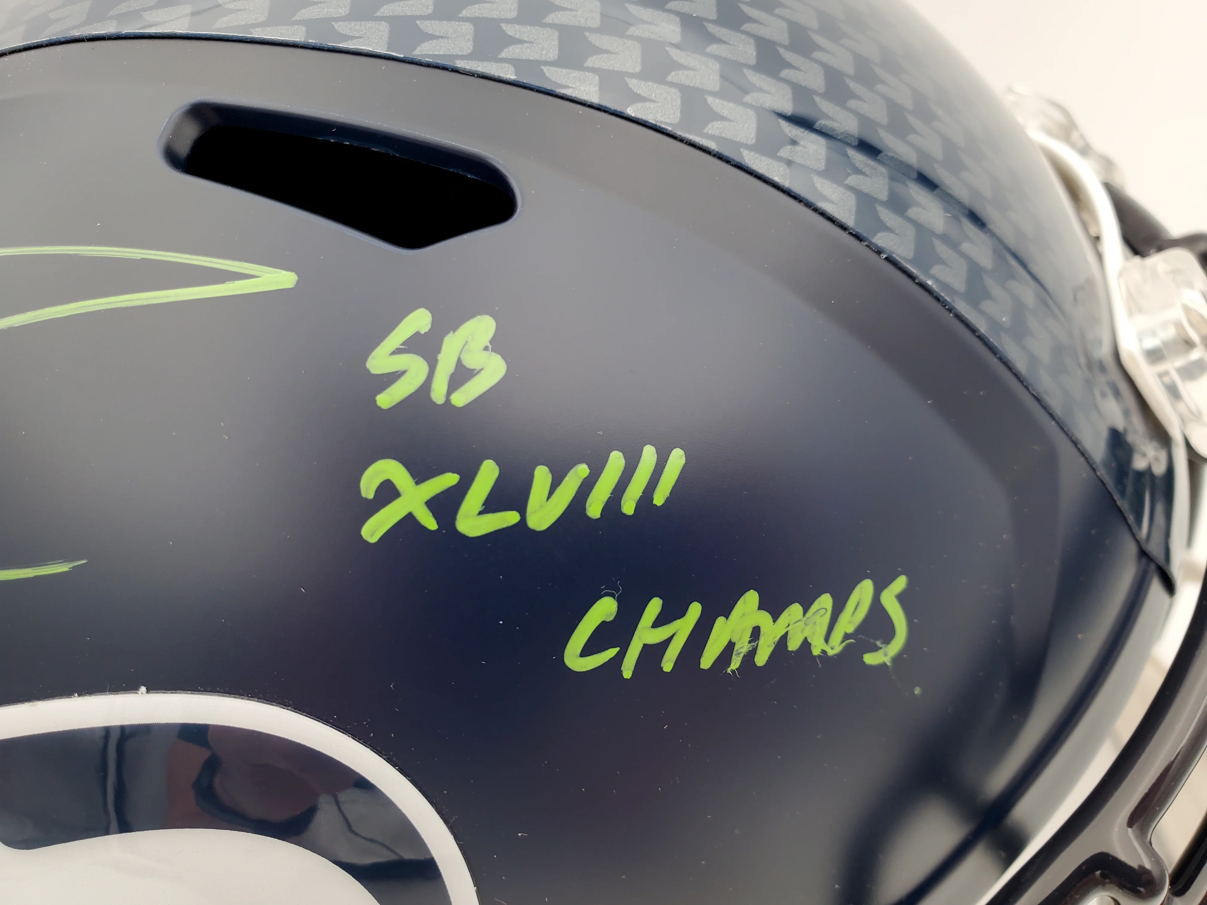 Russell Wilson Autographed Seattle Seahawks Full Size Replica Speed Helmet "SB XLVIII Champs" In Green RW Holo Stock #94267 - Image 3