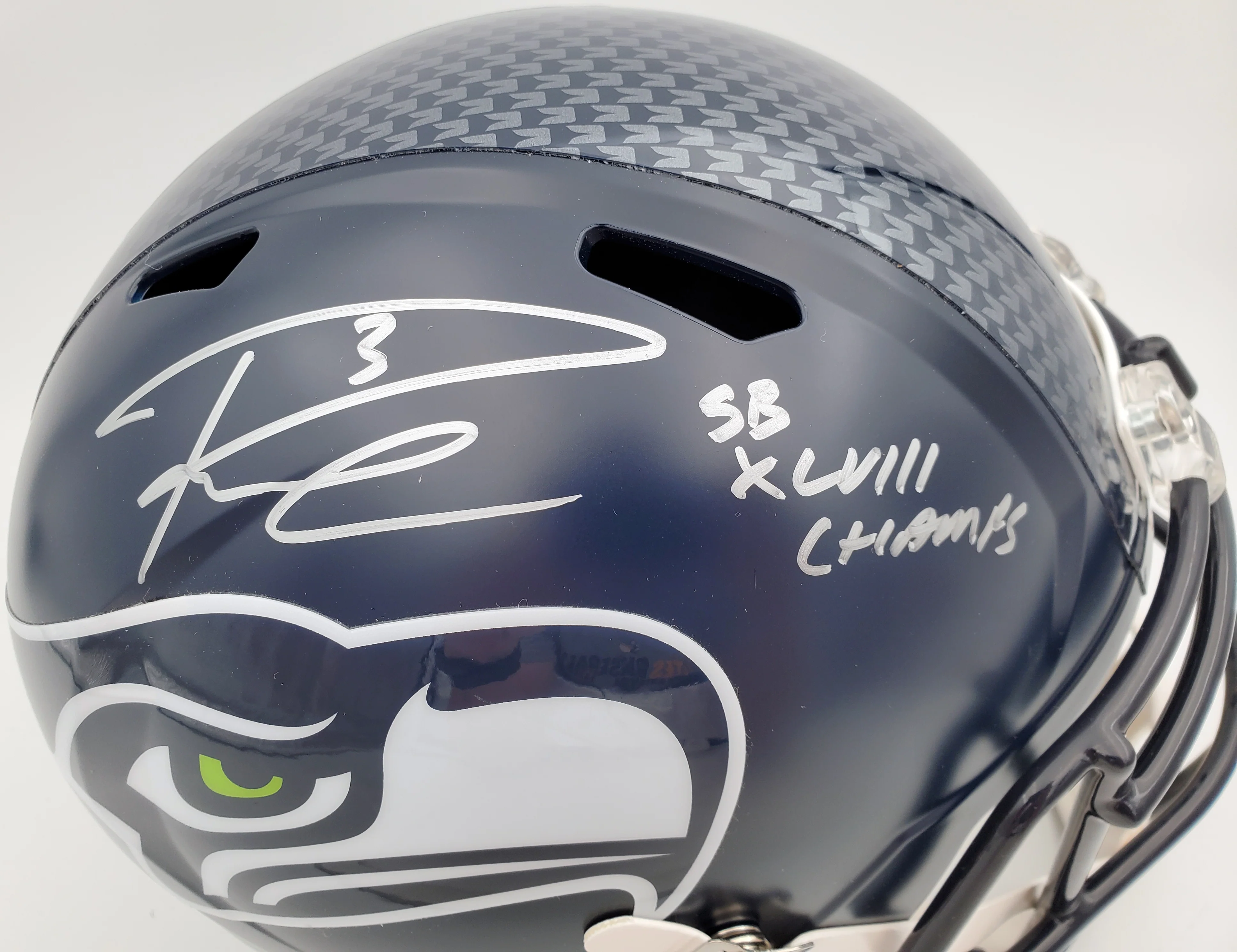 Russell Wilson Autographed Seattle Seahawks Full Size Replica Speed Helmet "SB XLVIII Champs" In Silver RW Holo Stock #94268 - Image 2