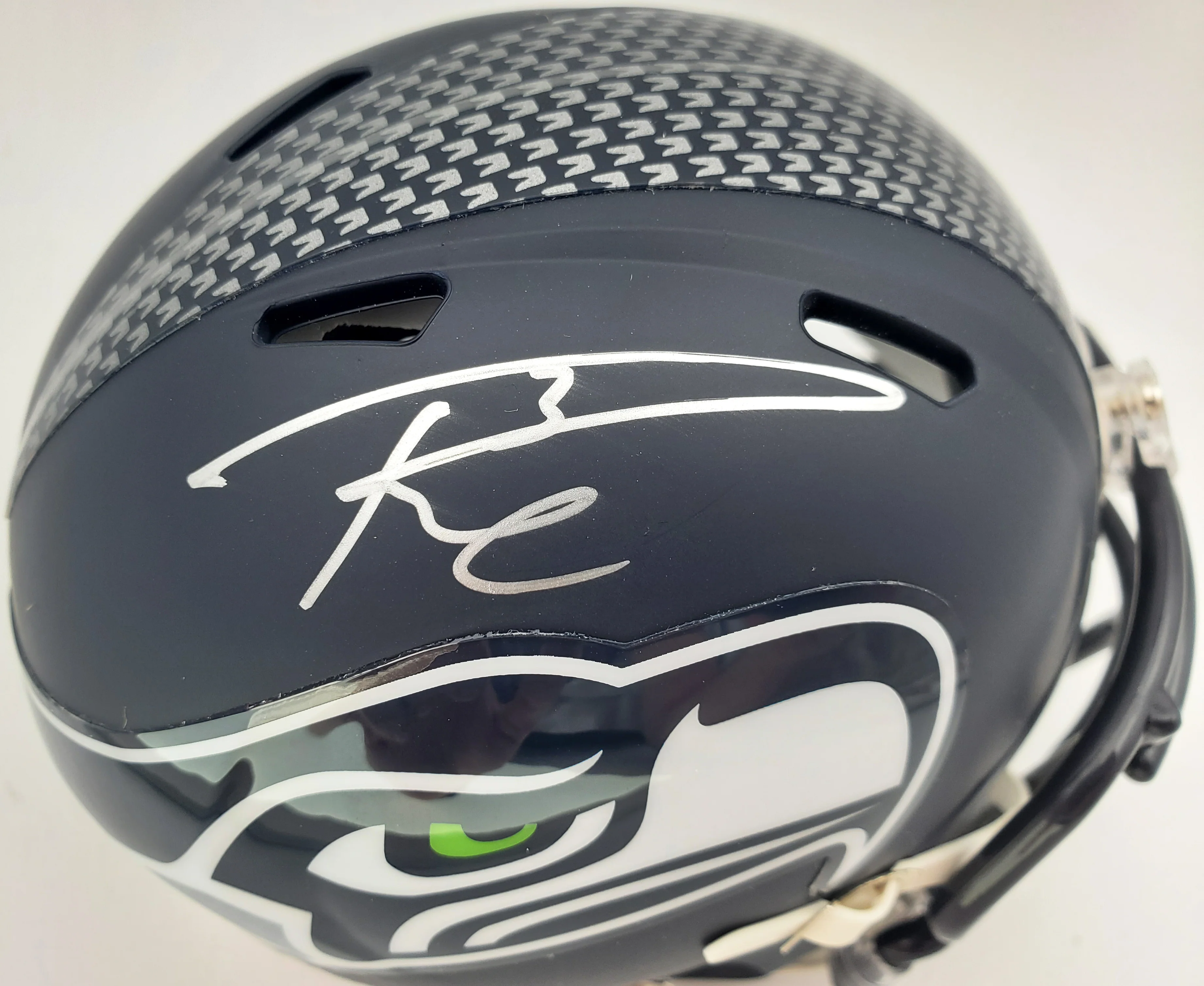 Russell Wilson Autographed Seattle Seahawks Speed Mini Helmet In Silver RW Holo Stock #71468 - Image 2