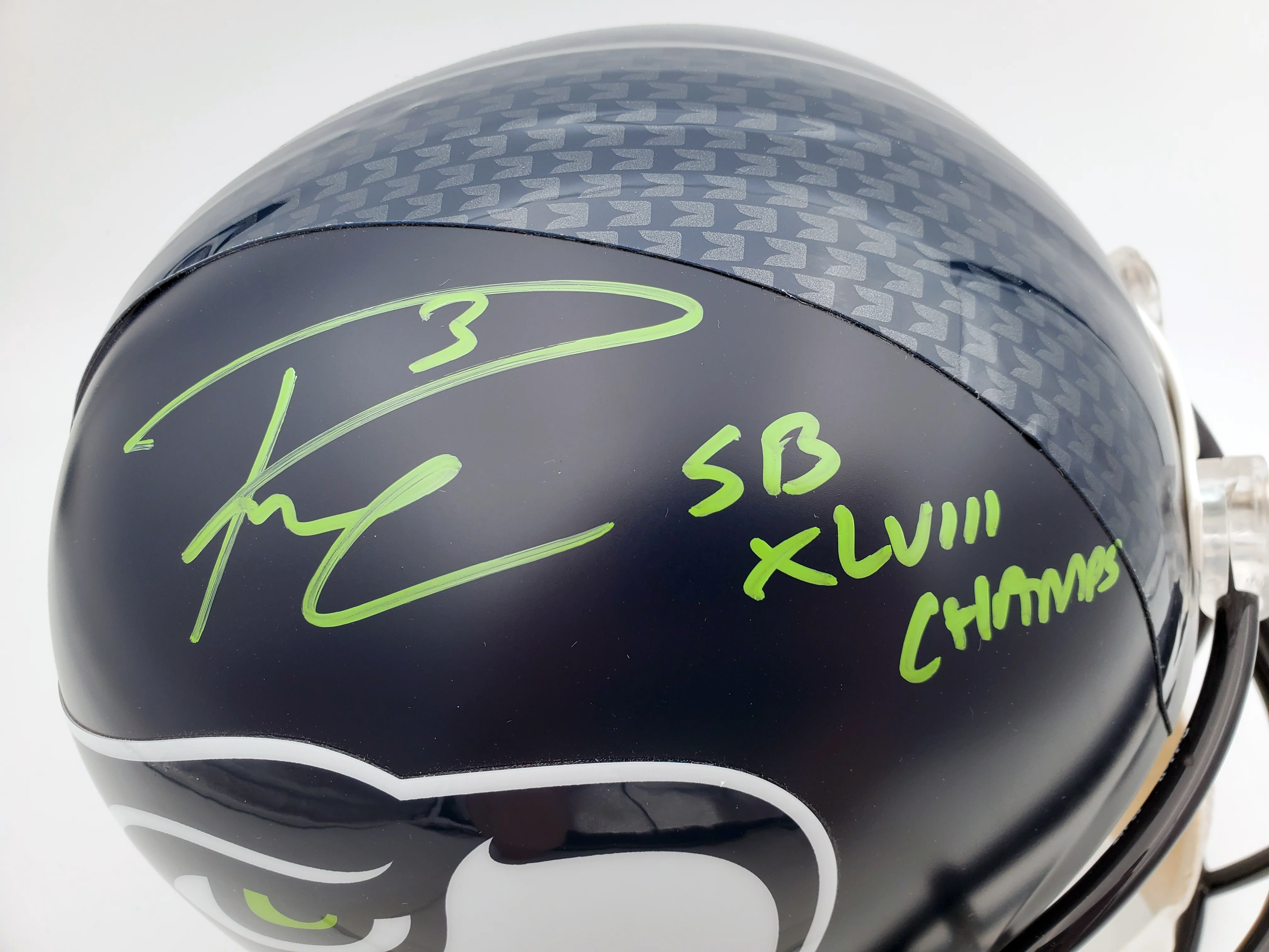 Russell Wilson Autographed Seattle Seahawks Super Bowl Full Size Replica Helmet "SB XLVIII Champs" In Green RW Holo Stock #72350 - Image 2