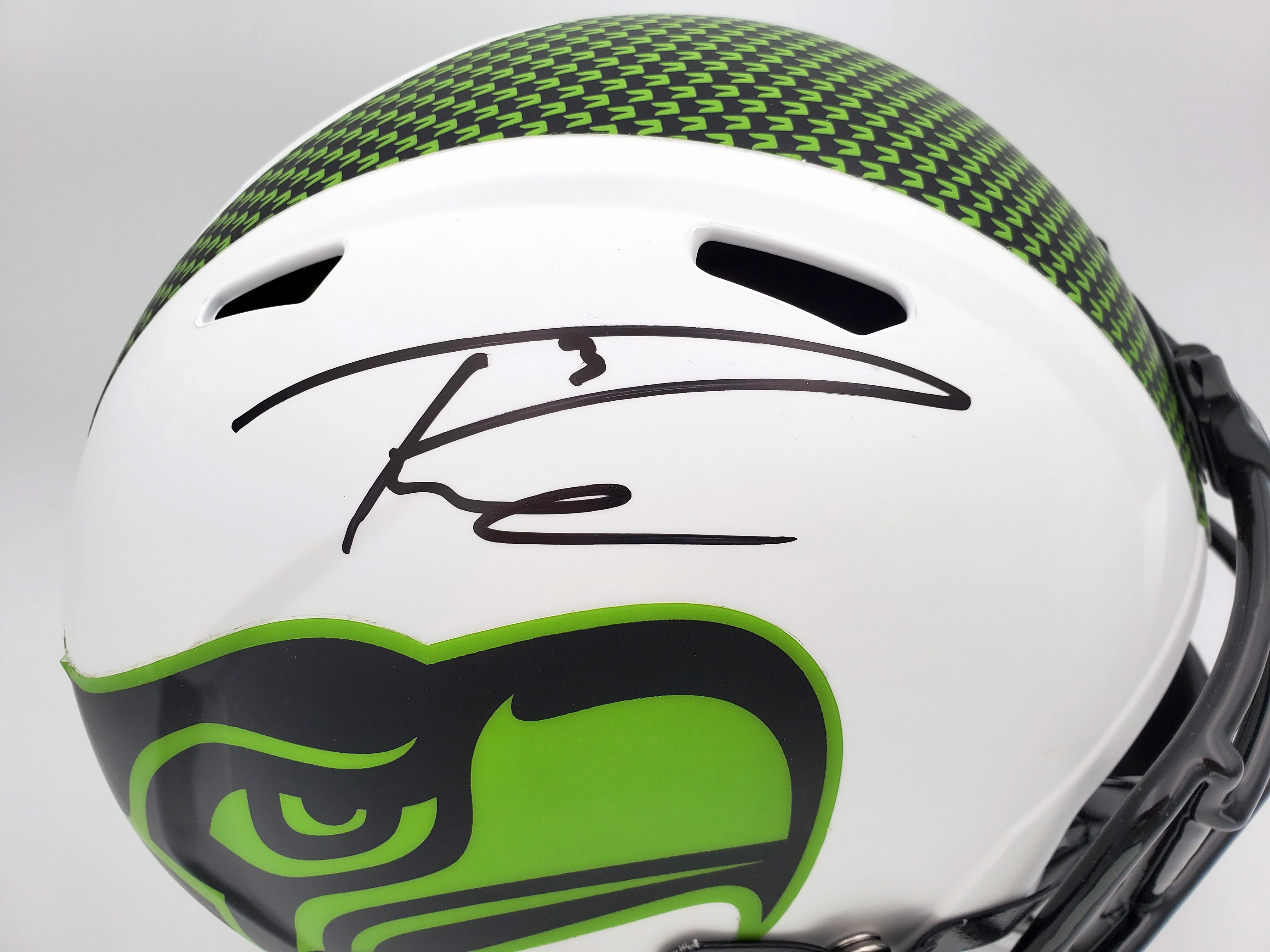 Russell Wilson Autographed Seattle Seahawks White Lunar Eclipse Full Size Speed Replica Helmet RW Holo & Beckett BAS Stock #194002 - Image 2