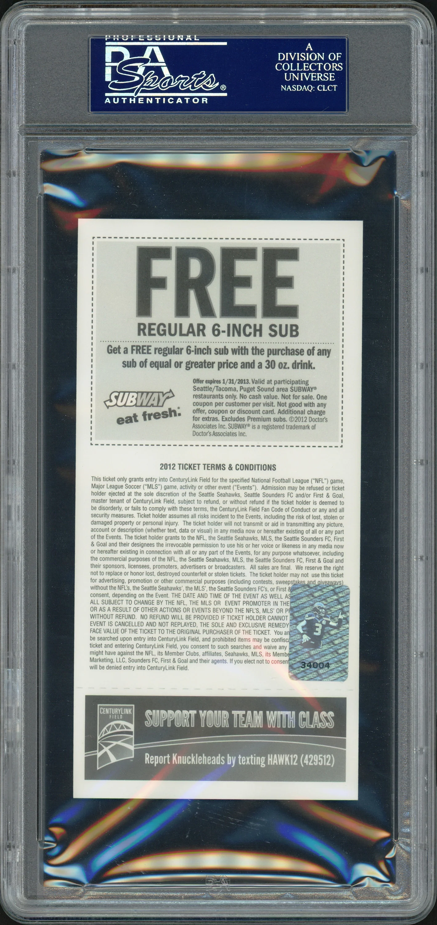 Russell Wilson Autographed Sept. 16th, 2012 1st NFL Win Ticket Seattle Seahawks PSA/DNA #83782627 - Image 2