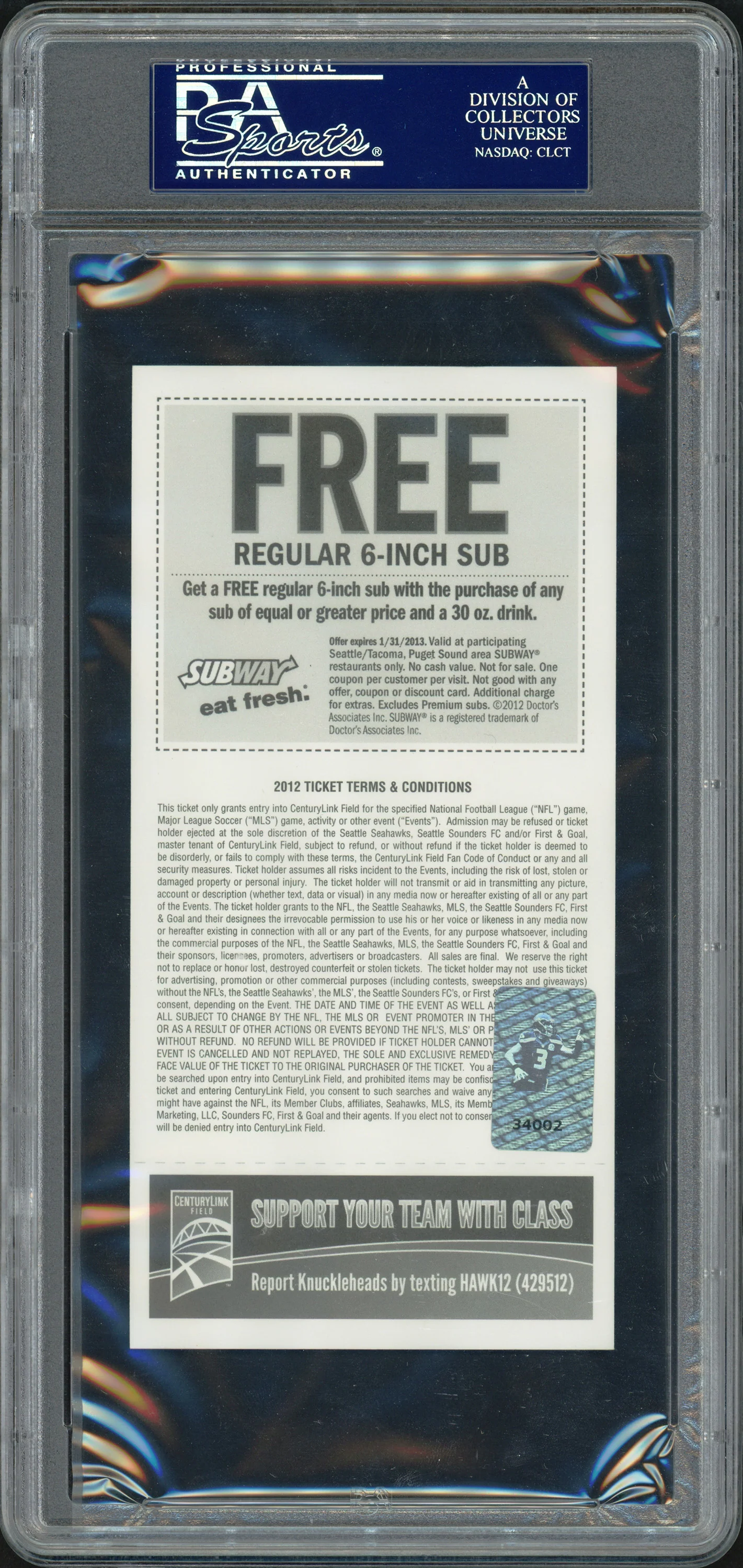Russell Wilson Autographed Sept. 16th, 2012 1st NFL Win Ticket Seattle Seahawks PSA/DNA #83782629 - Image 2