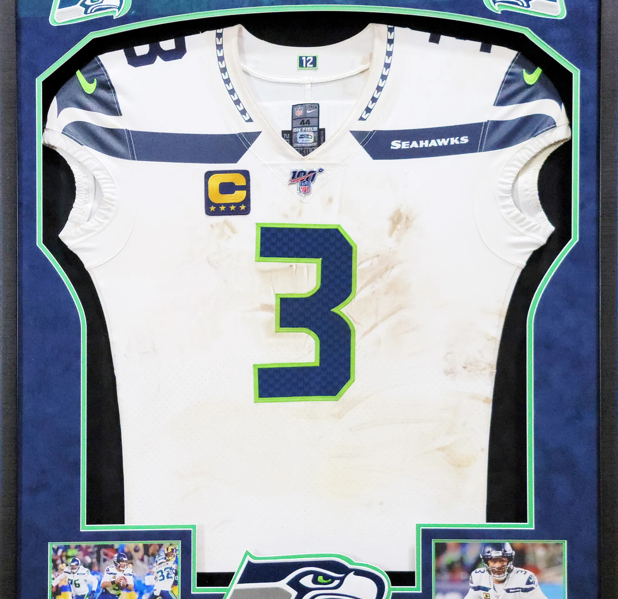 Russell Wilson Framed Game Used Seattle Seahawks White Nike Jersey With Captain's Patch & NFL 100 Logo Unsigned SKU #203517 - Image 2
