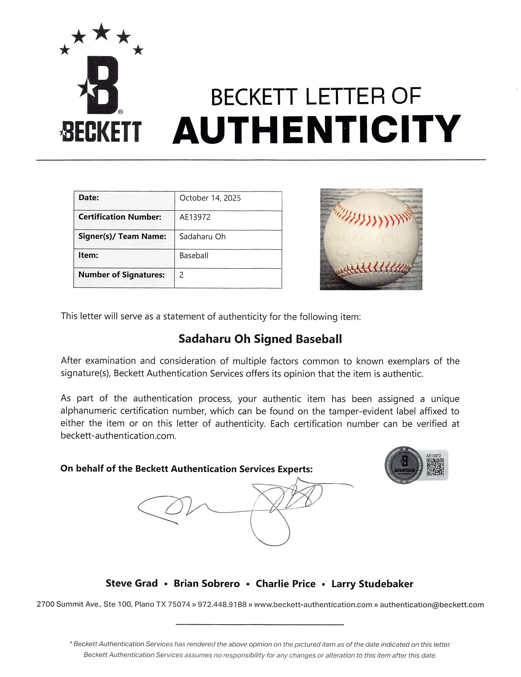 Sadaharu Oh Authentic 2x Signed English & Japanese Baseball BAS #AE13972 - Image 9