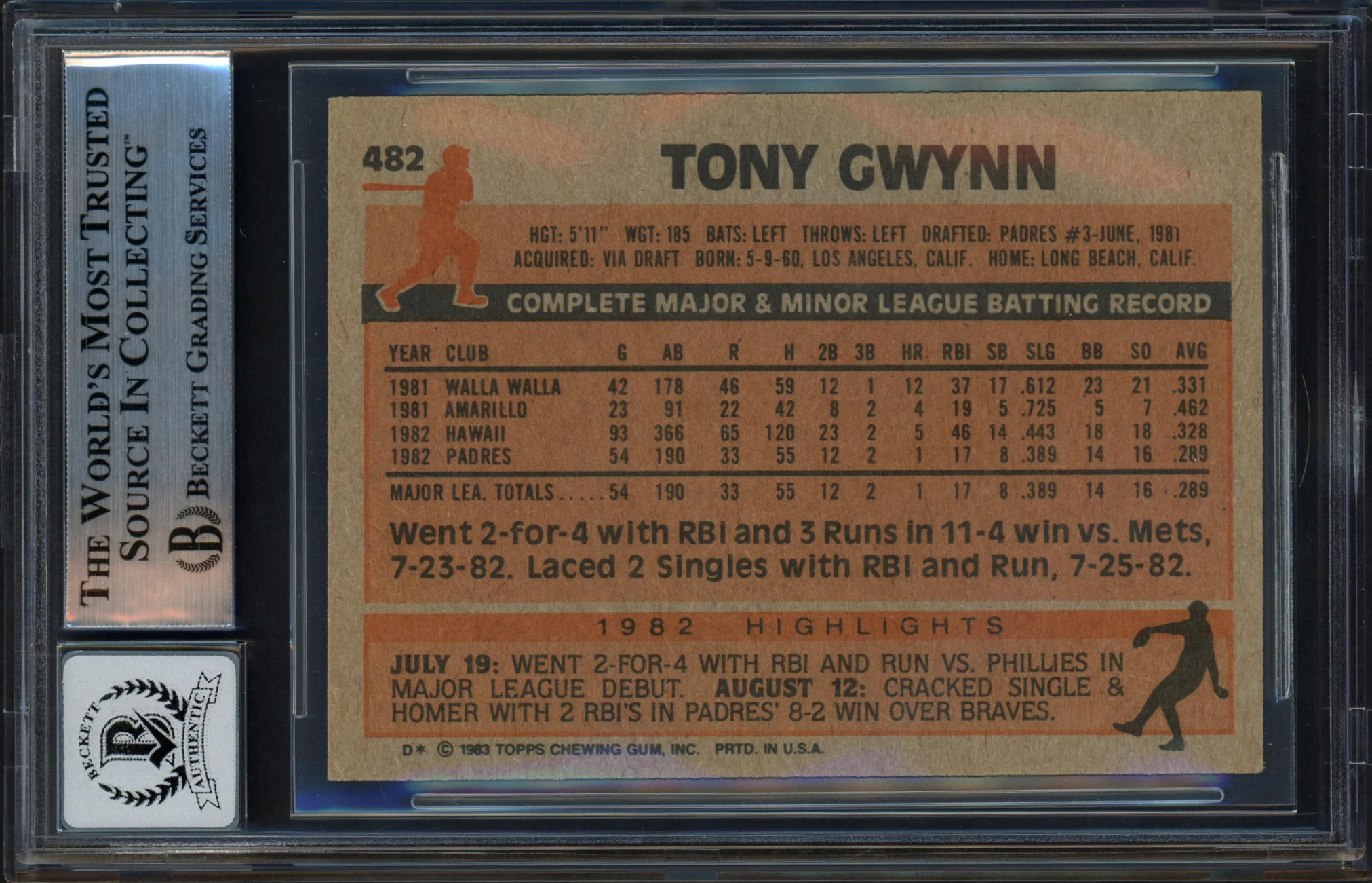 Tony Gwynn Autographed 1983 Topps Rookie Card #482 San Diego Padres Auto Grade Gem Mint 10 (Sticker) Beckett BAS Stock #253728 - Image 2