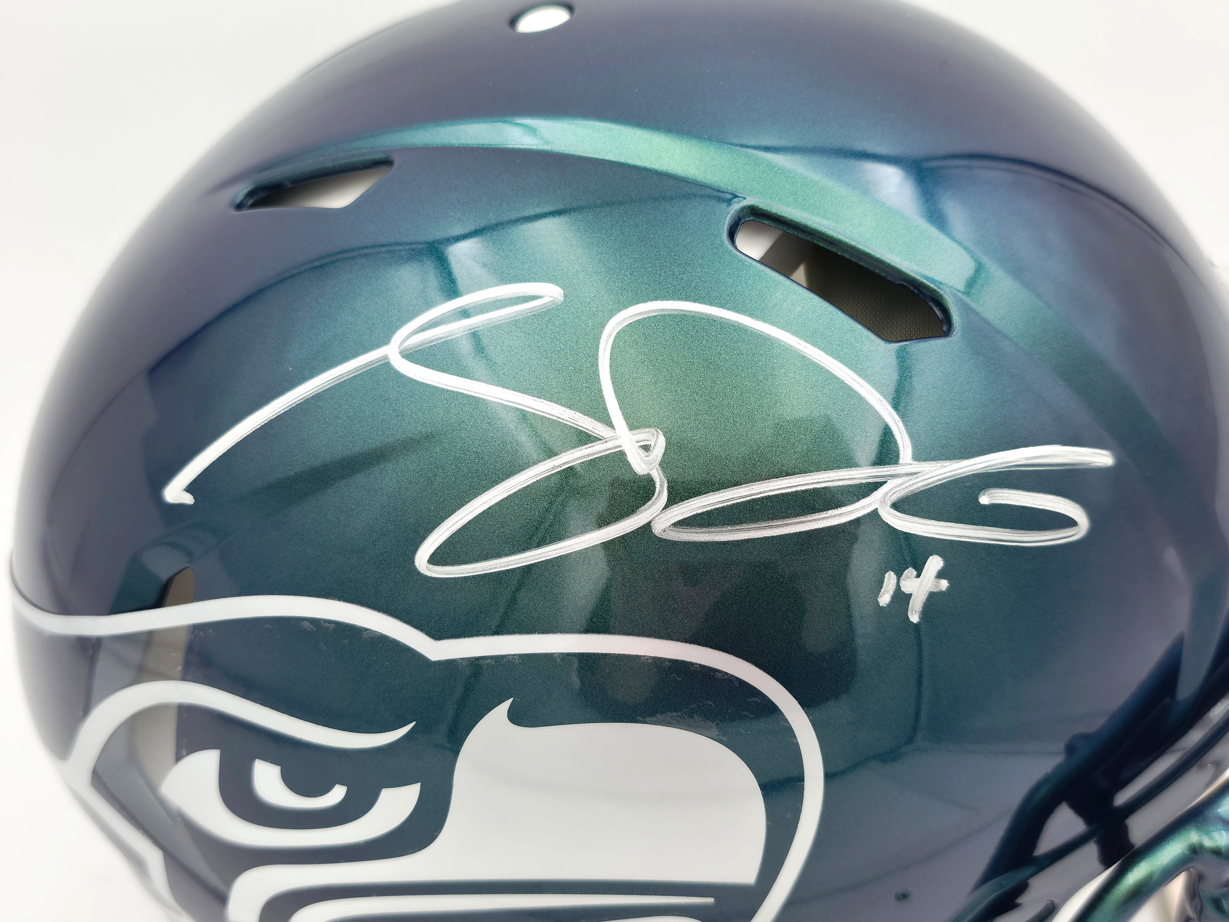 Sam Darnold Autographed Seattle Seahawks Metallic Green Rivalries Full Size Speed Authentic Helmet Beckett BAS Witness Stock #261506 - Image 2