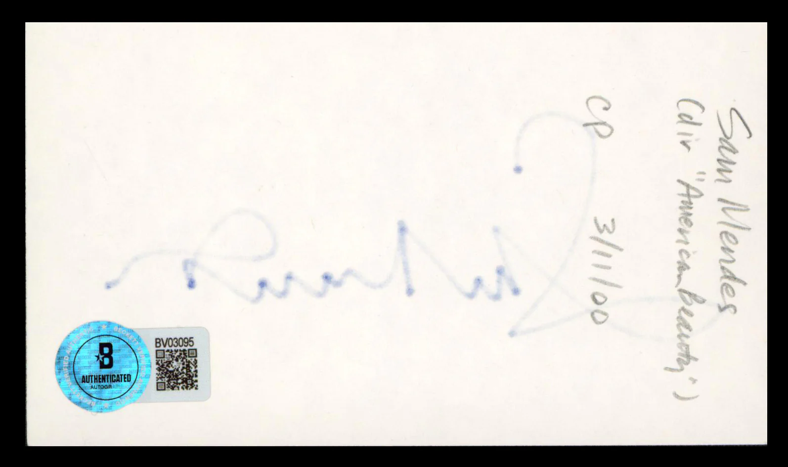 Sam Mendes American Beauty Authentic Signed 3x5 Index Card Autographed BAS - Image 3