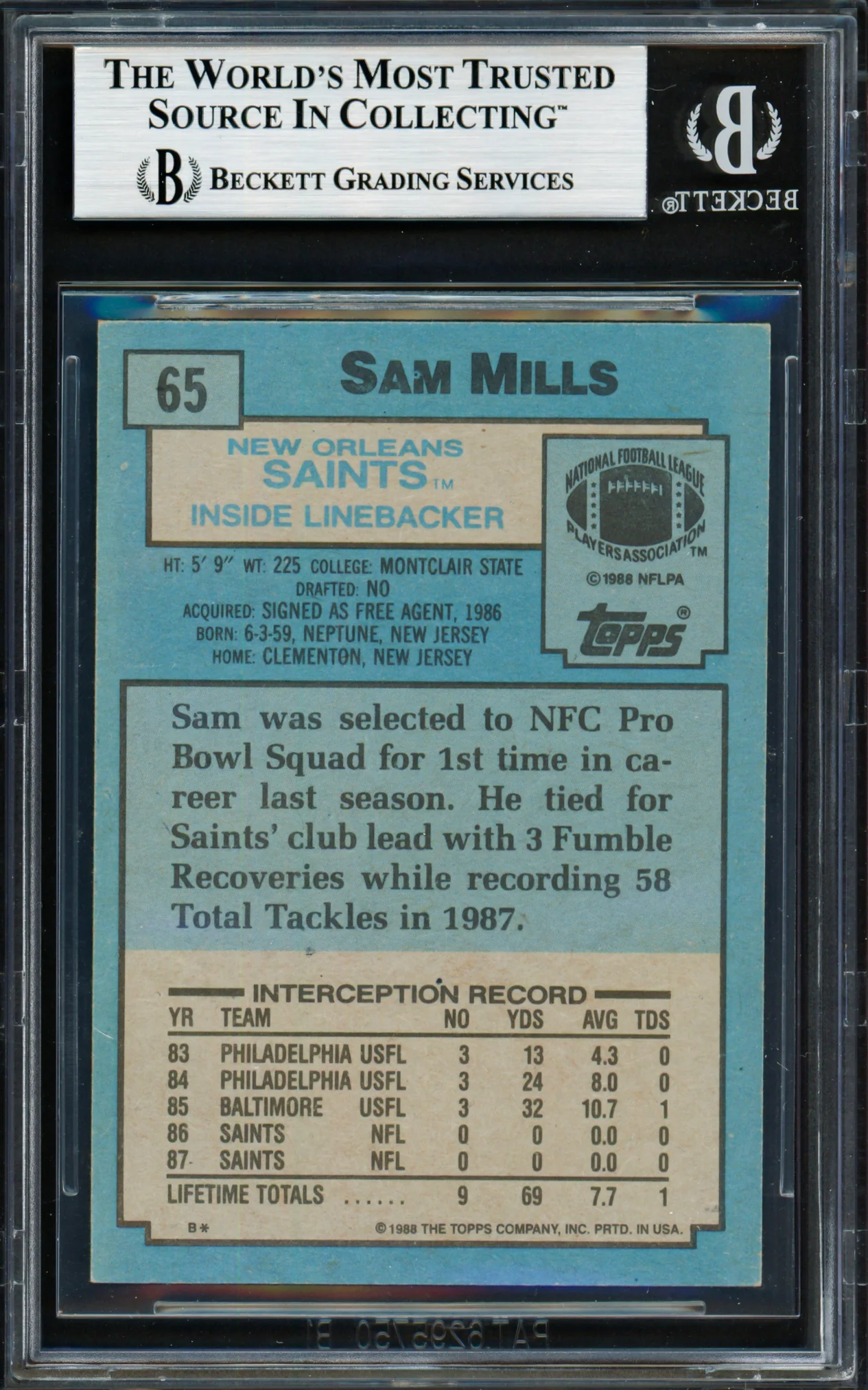 Sam Mills Autographed 1988 Topps Rookie Card #65 New Orleans Saints Beckett BAS #19428867 - Image 2