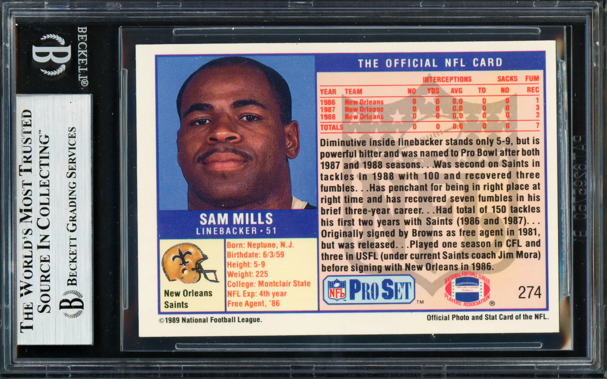 Sam Mills Autographed 1989 Pro Set Card #274 New Orleans Saints Beckett BAS #19664815 - Image 2