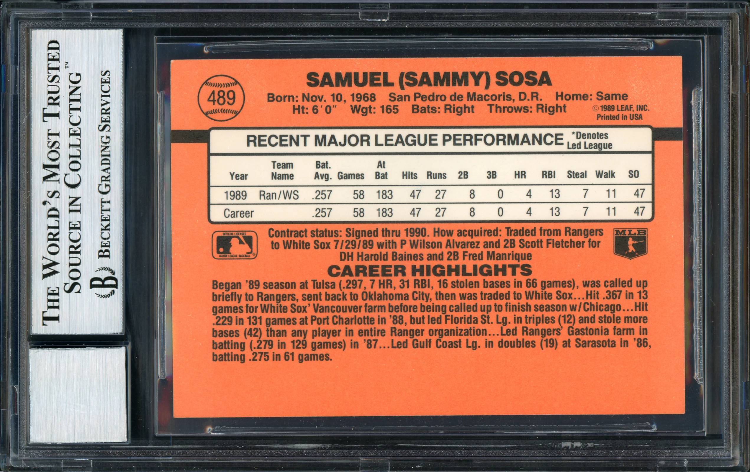Sammy Sosa Autographed 1990 Donruss Rookie Card #489 Chicago White Sox Auto Grade 10 Beckett BAS Stock #177677 - Image 2