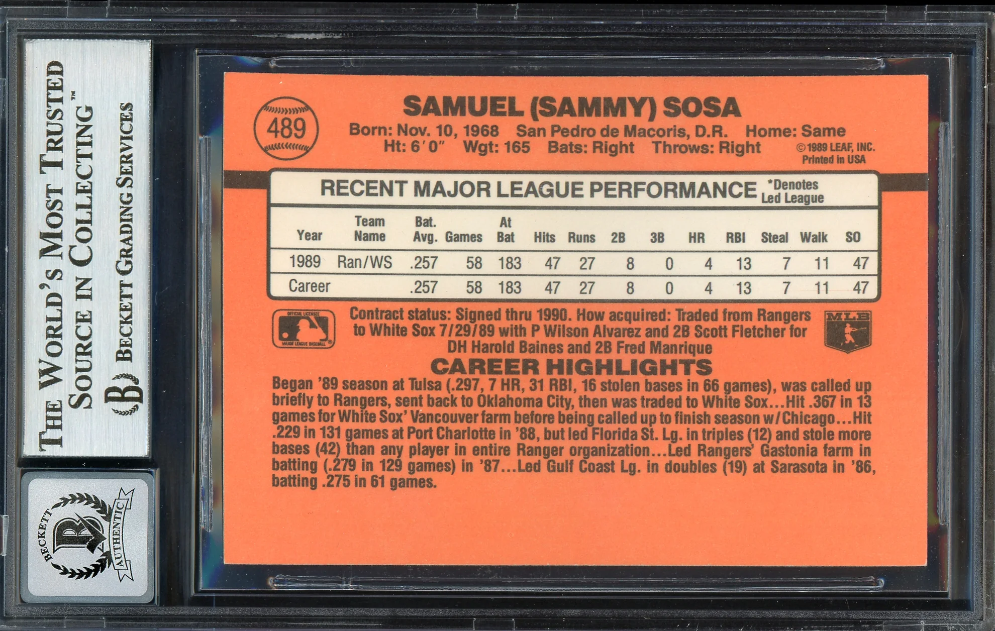 Sammy Sosa Autographed 1990 Donruss Rookie Card #489 Chicago White Sox Auto Grade Gem Mint 10 "609 HR" Beckett BAS Stock #192891 - Image 2