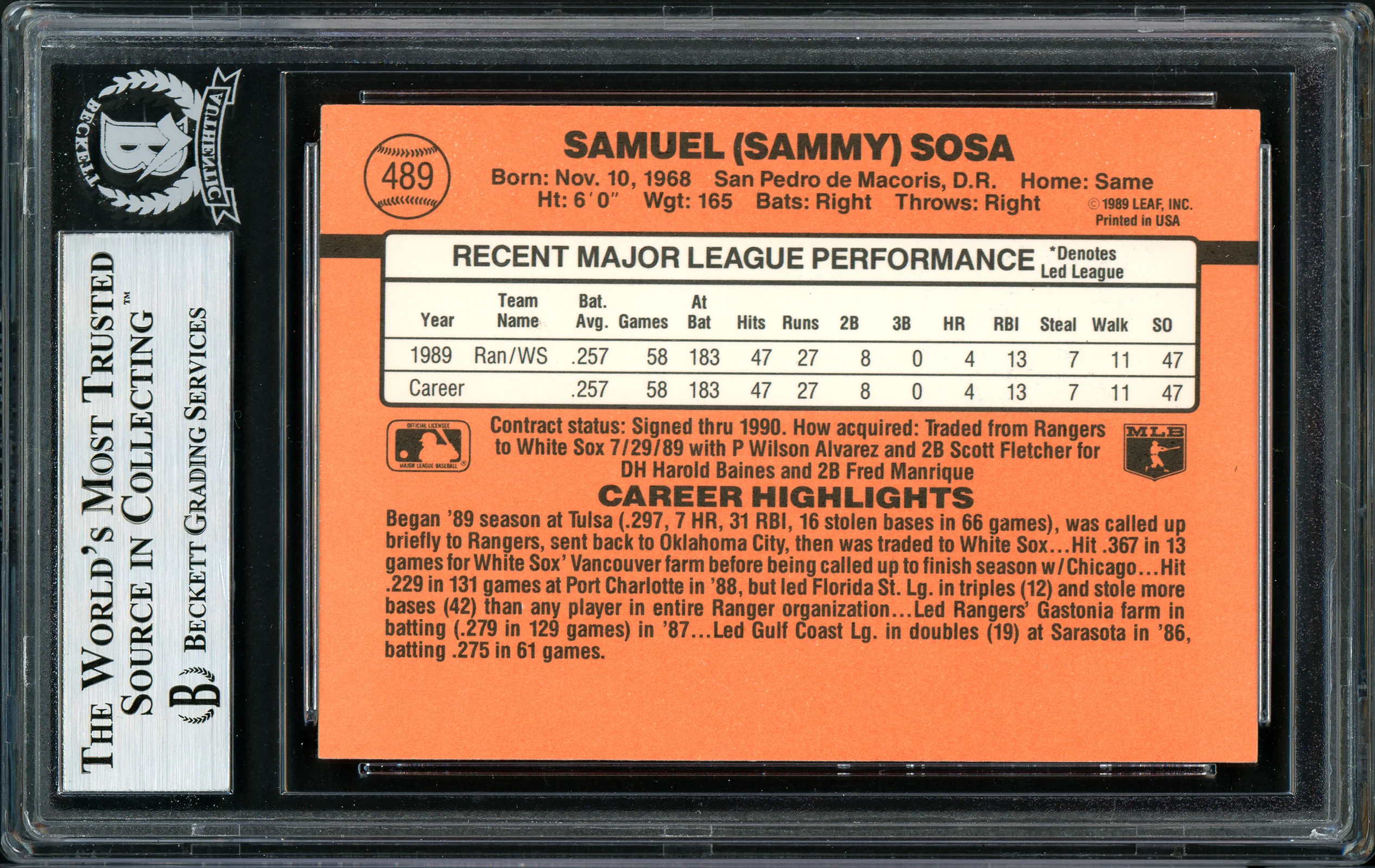 Sammy Sosa Autographed 1990 Donruss Rookie Card #489 Chicago White Sox Beckett BAS Stock #177671 - Image 2