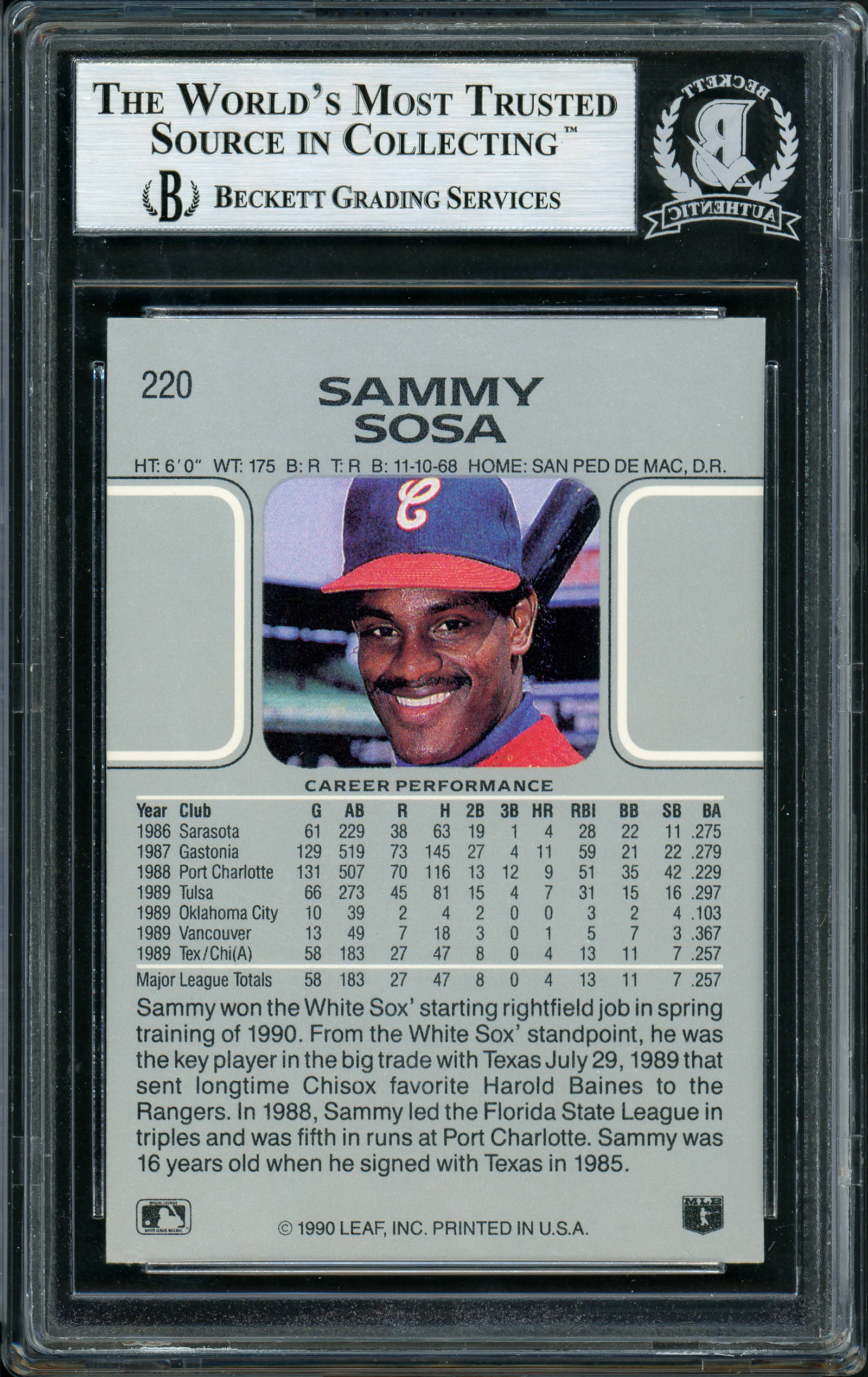 Sammy Sosa Autographed 1990 Leaf Rookie Card #220 Chicago White Sox Beckett BAS Stock #177672 - Image 2