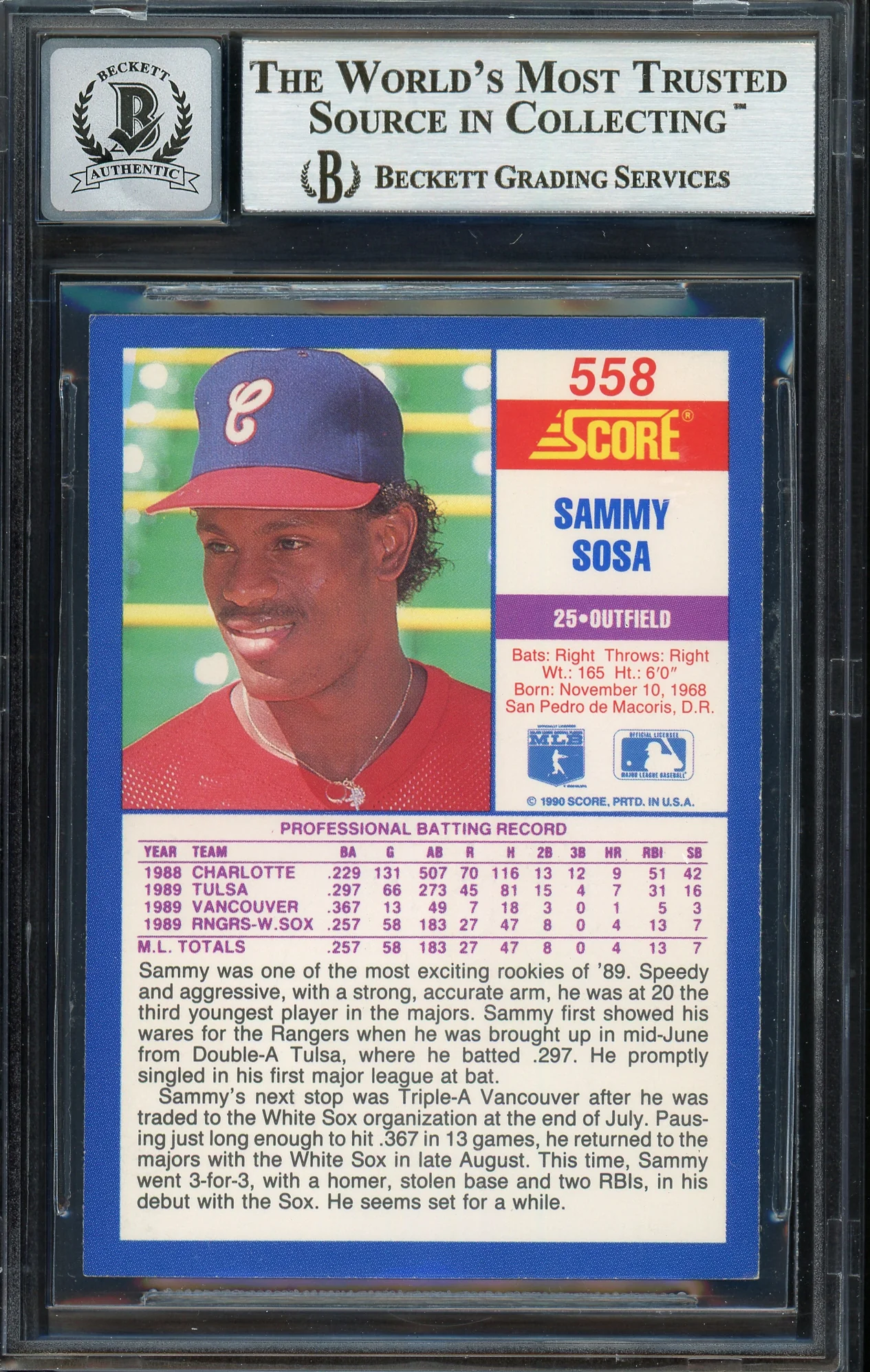 Sammy Sosa Autographed 1990 Score Rookie Card #558 Chicago White Sox Auto Grade Gem Mint 10 Beckett BAS Stock #192896 - Image 2
