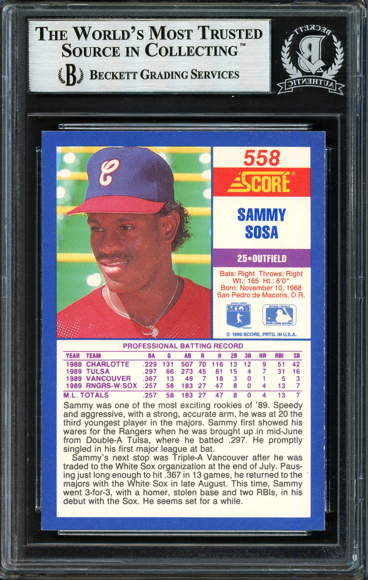Sammy Sosa Autographed 1990 Score Rookie Card #558 Chicago White Sox Beckett BAS #12409978 - Image 2
