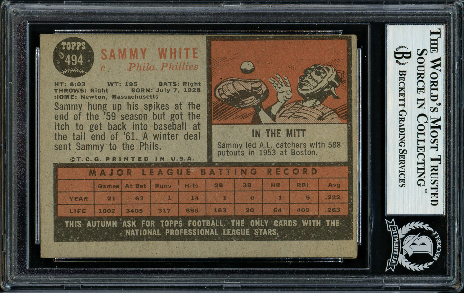 Sammy White Autographed 1962 Topps Card #494 Philadelphia Phillies Beckett BAS #11481549 - Image 2