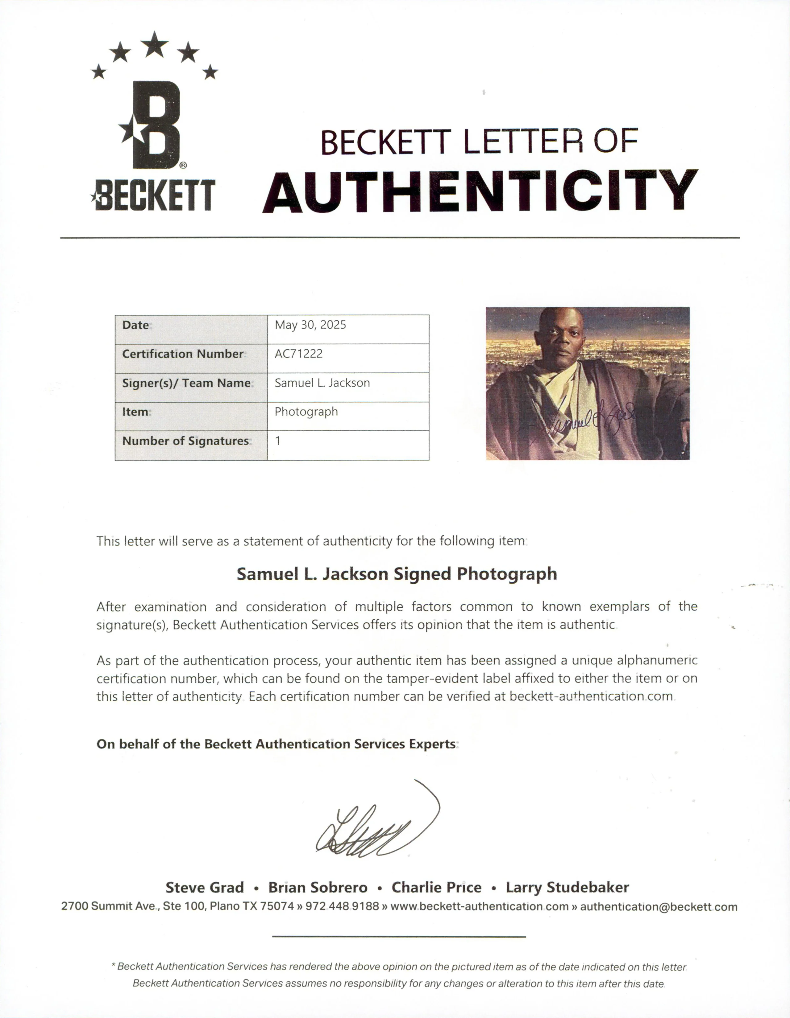 Samuel L. Jackson Star Wars Authentic Signed 8x10 Framed Photo BAS #AC71222 - Image 4