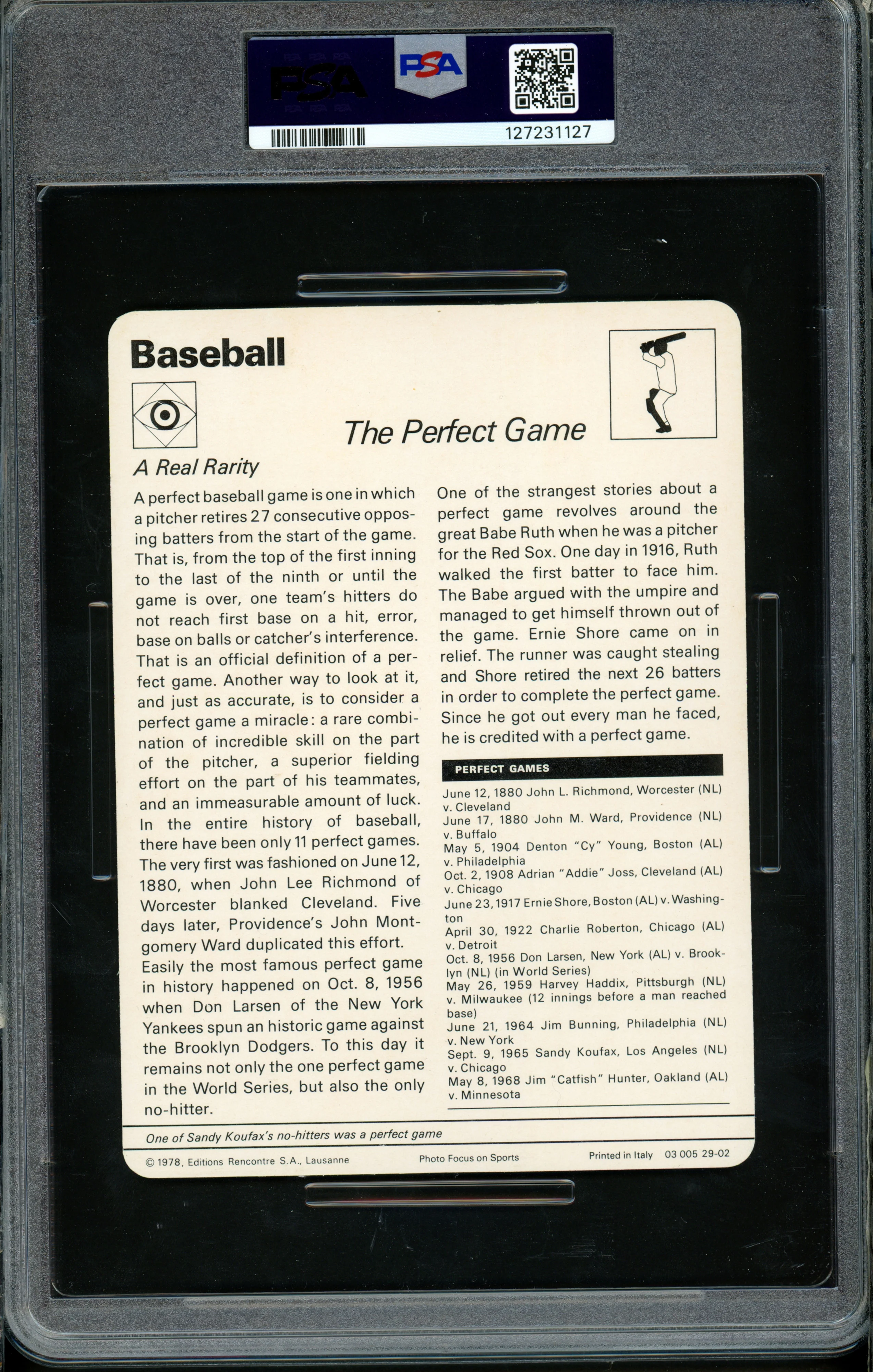 Sandy Koufax 1977-79 Sportscaster Card #29-02 Los Angeles Dodgers PSA 8 The Perfect Game #127231127 - Image 2