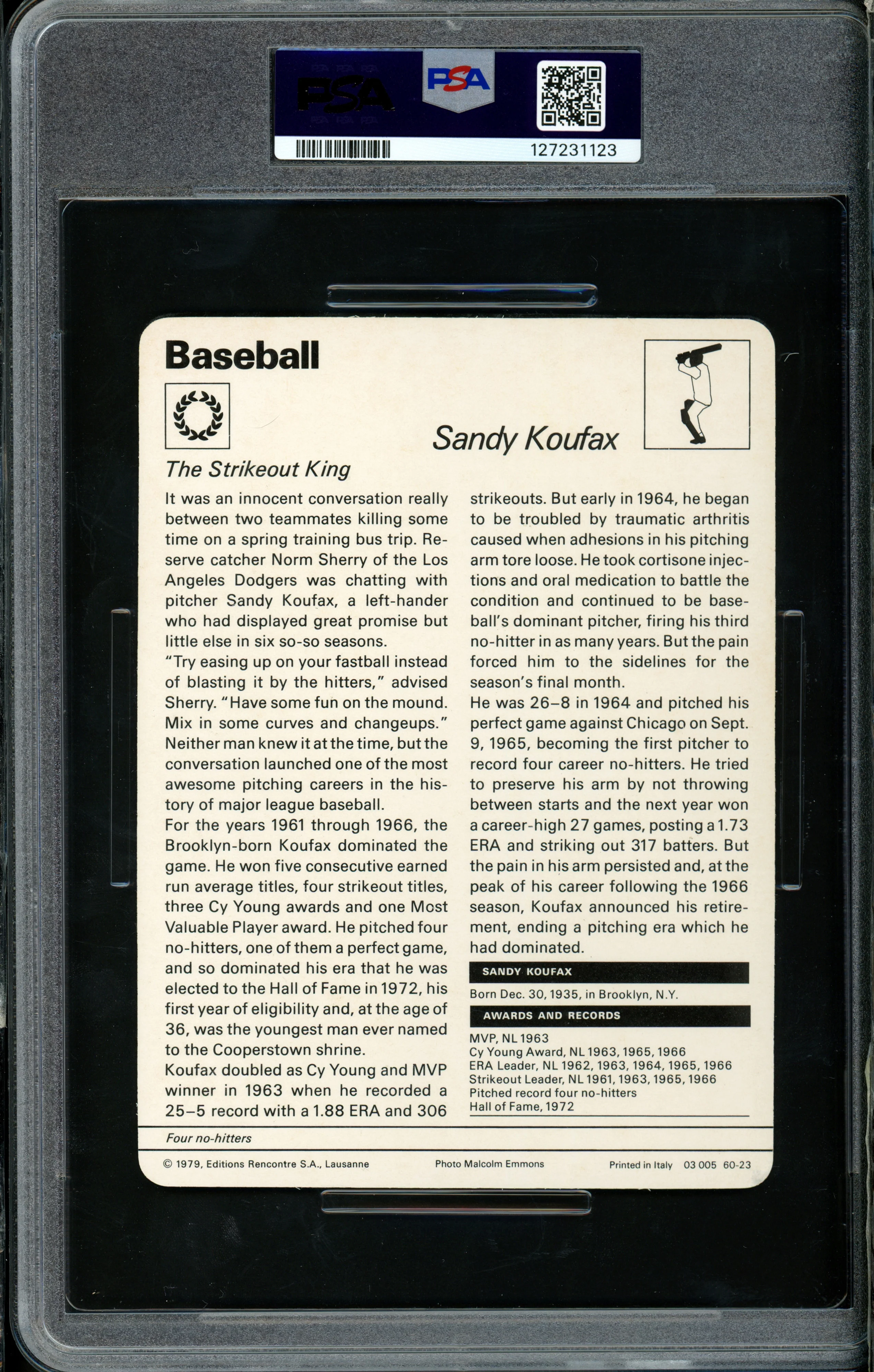 Sandy Koufax 1977-79 Sportscaster Card #60-23 Los Angeles Dodgers PSA 5 #127231123 - Image 2