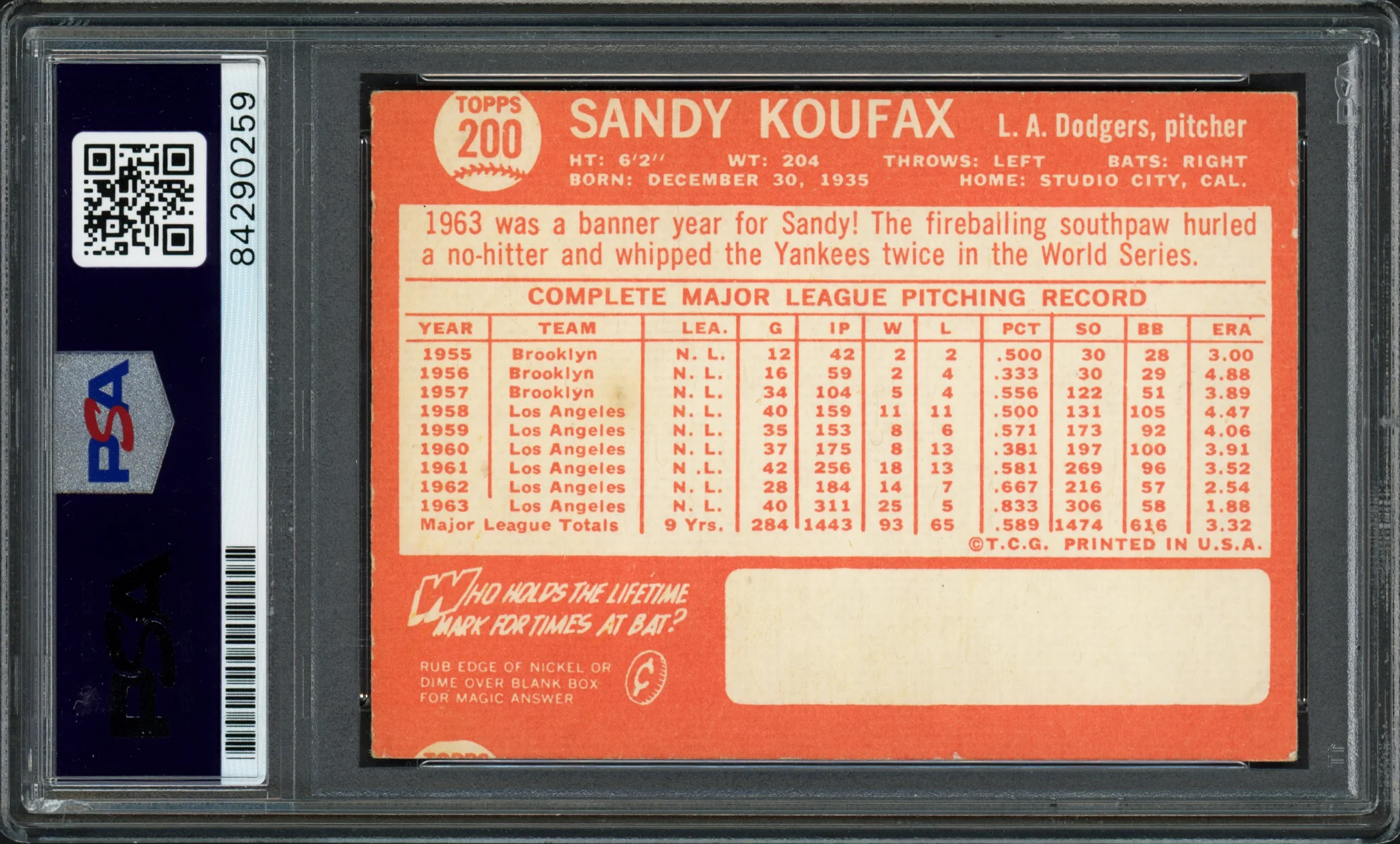 Sandy Koufax Autographed 1964 Topps Card #200 Los Angeles Dodgers PSA/DNA #84290259 - Image 2