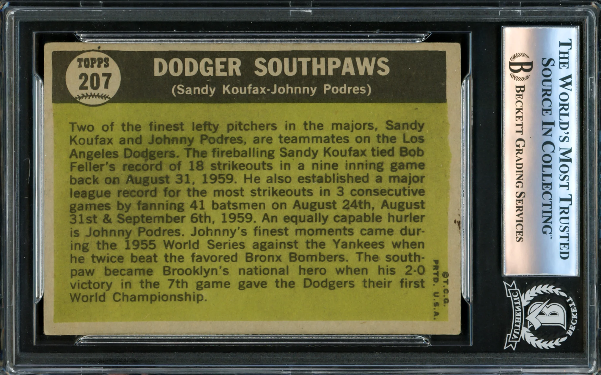 Sandy Koufax & Johnny Podres Autographed 1961 Topps Card #207 Los Angeles Dodgers Beckett BAS #16339918 - Image 2