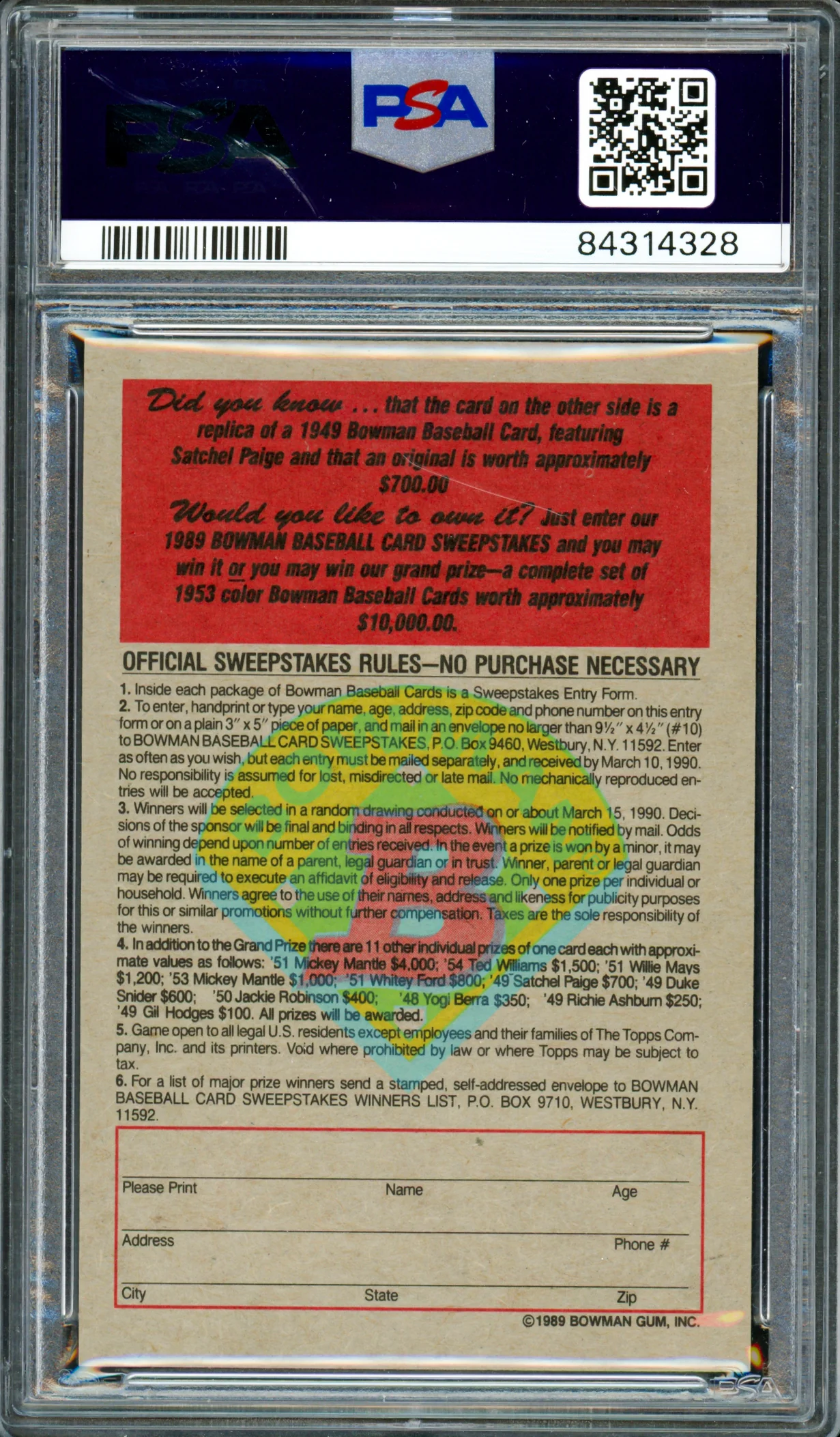 Satchel Paige 1989 Bowman Inserts 1949 Reprint Cleveland Indians PSA 10 #84314328 - Image 2
