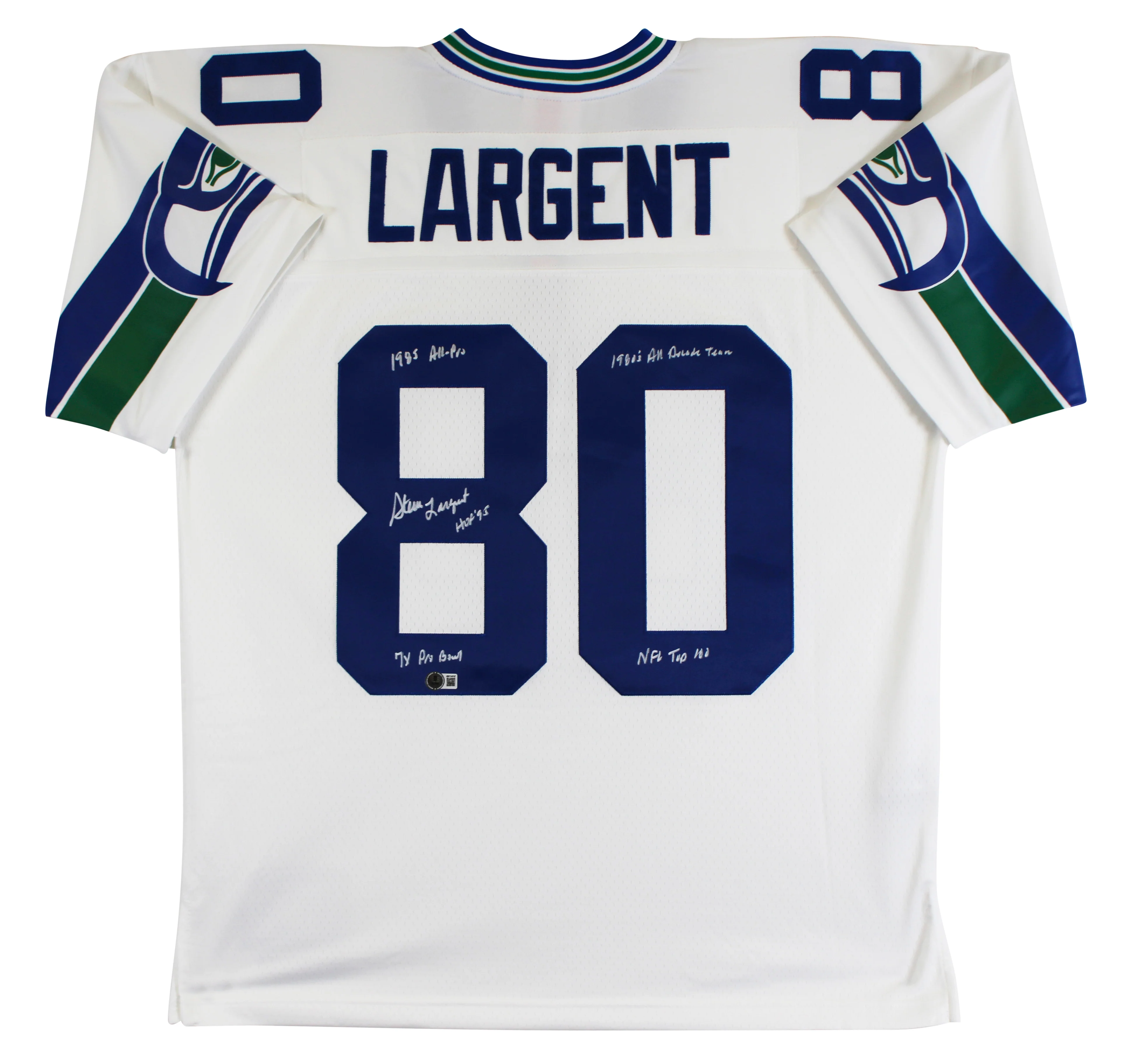 Seahawks Steve Largent "Career Stat" Signed White M&N TB Jersey BAS Witnessed - Image 3