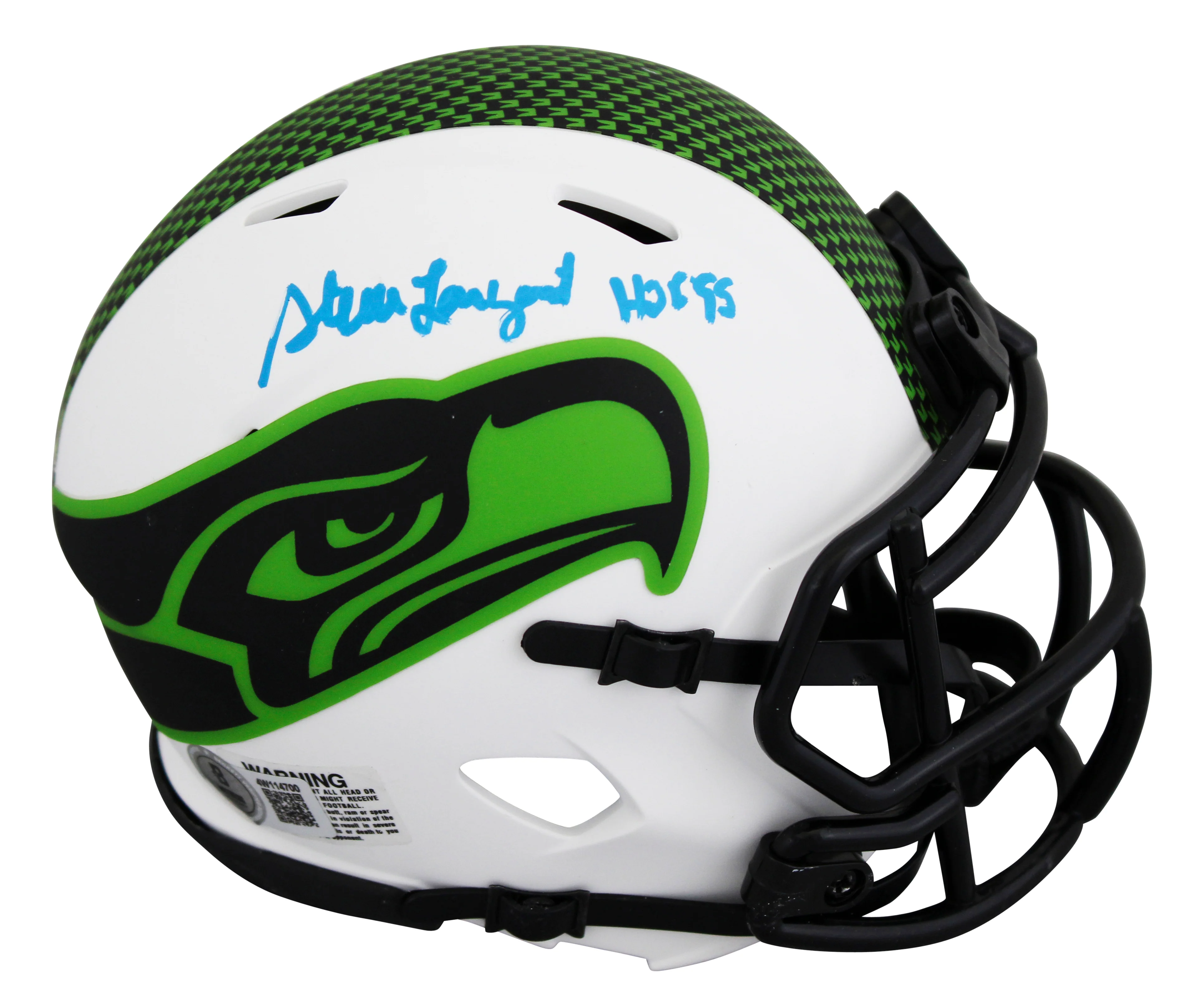 Seahawks Steve Largent "HOF 1995" Signed Lunar Speed Mini Helmet BAS Witnessed - Image 2
