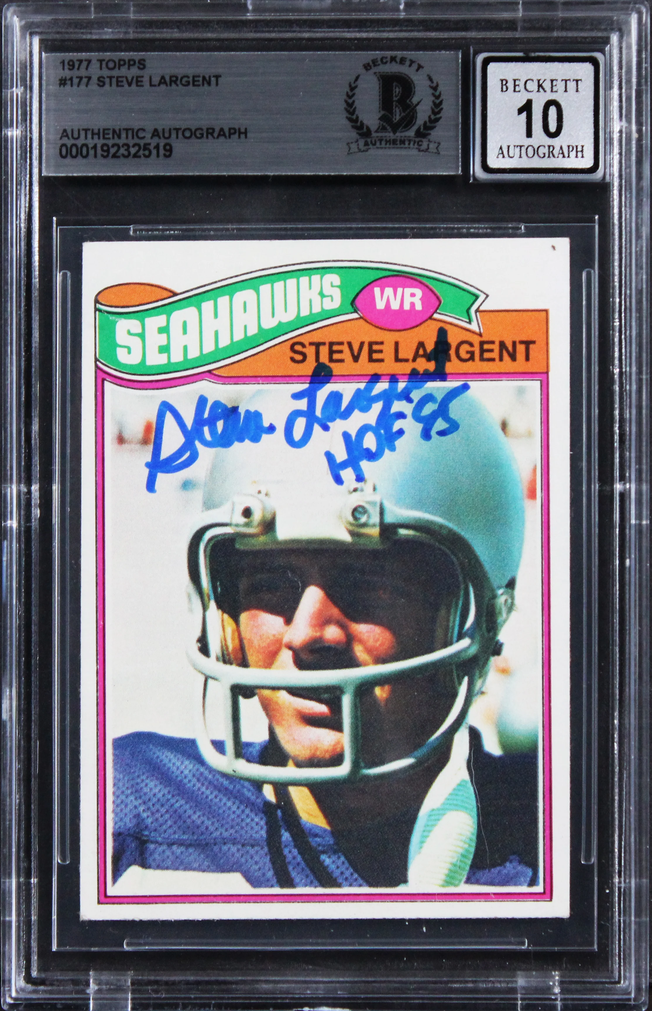 Seahawks Steve Largent "HOF 95" Signed 1977 Topps #177 Card Auto 10! BAS Slab 2 - Image 2