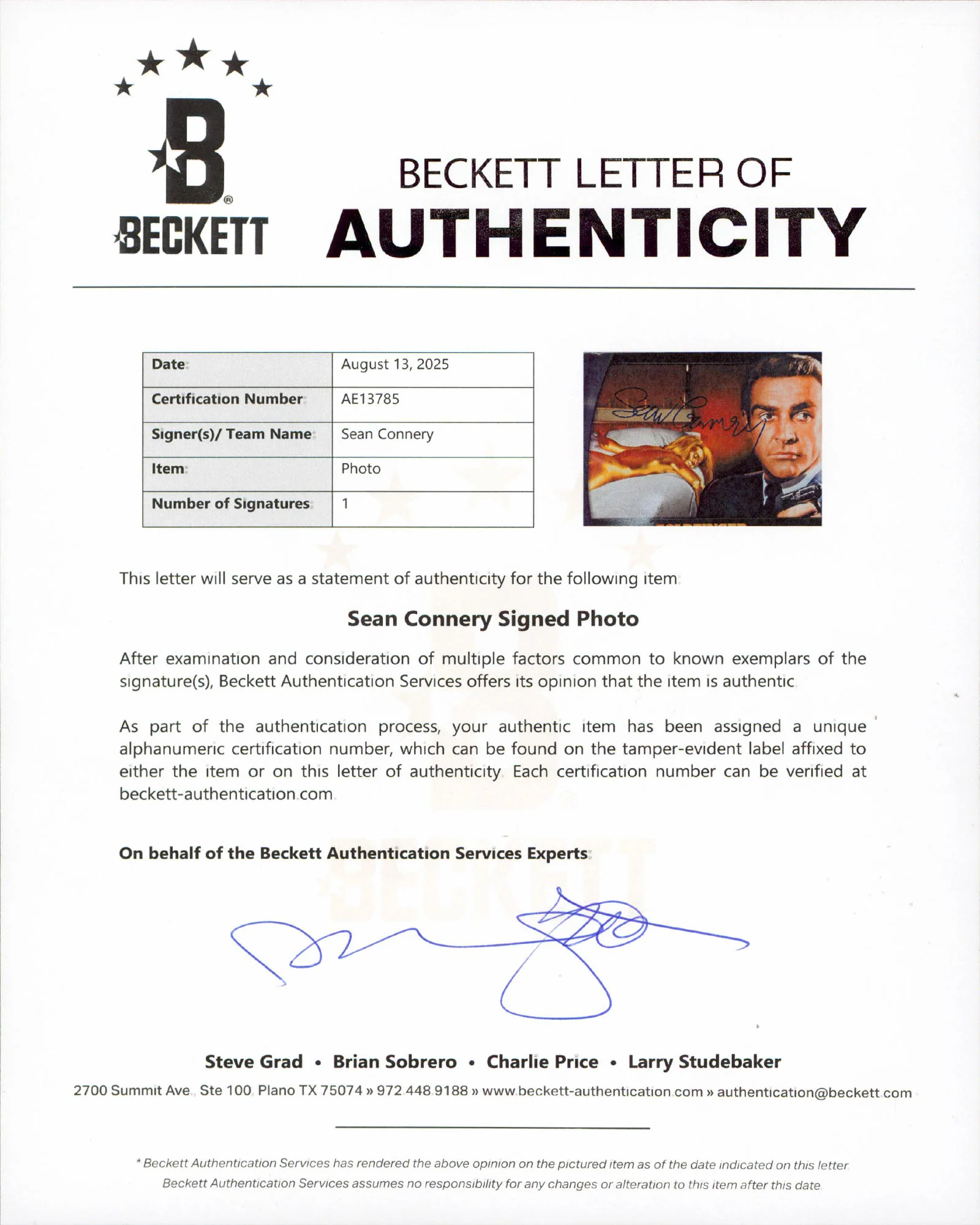 Sean Connery Goldfinger Authentic Signed 8x10 Horizontal Photo BAS #AE13785 - Image 3