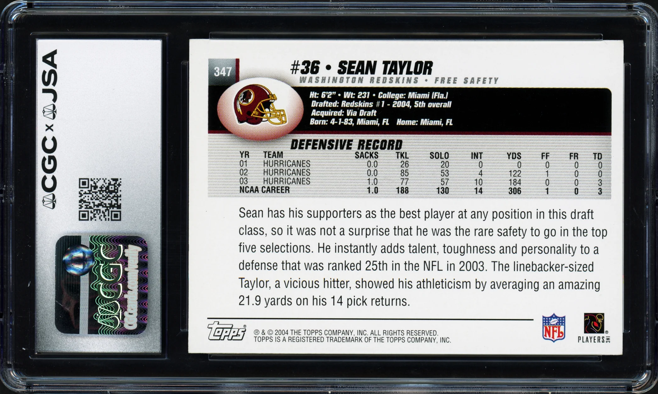 Sean Taylor Autographed 2004 Topps Rookie Card #347 Washington Redskins CGCxJSA 8.5 Auto Grade Mint 9 CGCxJSA #6074248001 - Image 2