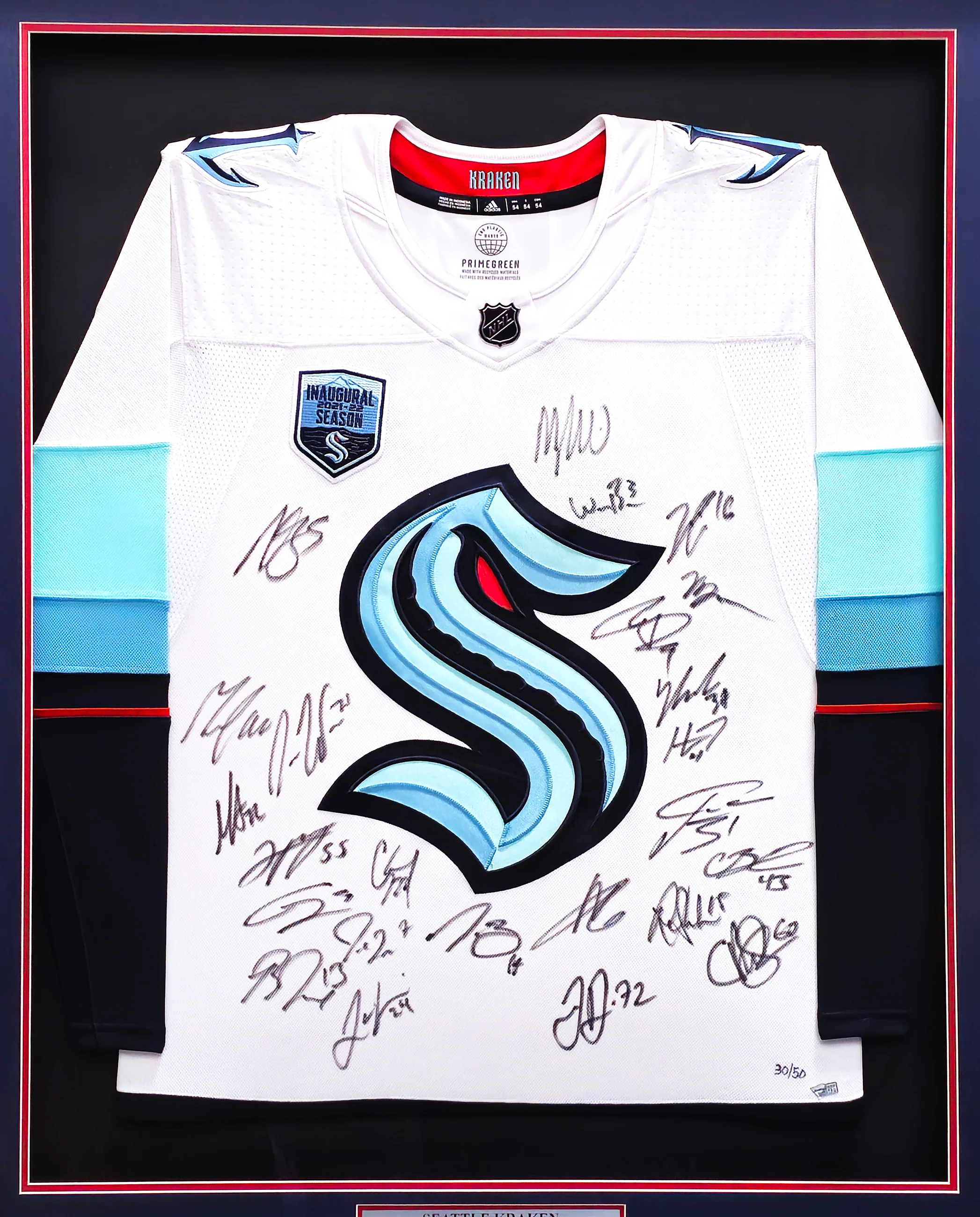 Seattle Kraken 2021-22 Inaugural Season Team Signed Autographed Framed White Adidas Jersey With 24 Signatures Including Jordan Eberle & Jared McCann Fanatics Holo Stock #223780 - Image 2