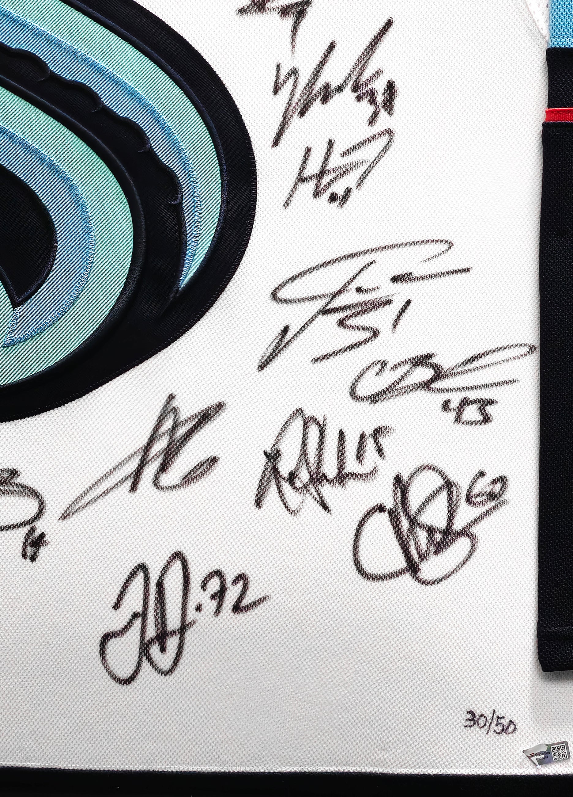 Seattle Kraken 2021-22 Inaugural Season Team Signed Autographed Framed White Adidas Jersey With 24 Signatures Including Jordan Eberle & Jared McCann Fanatics Holo Stock #223780 - Image 4