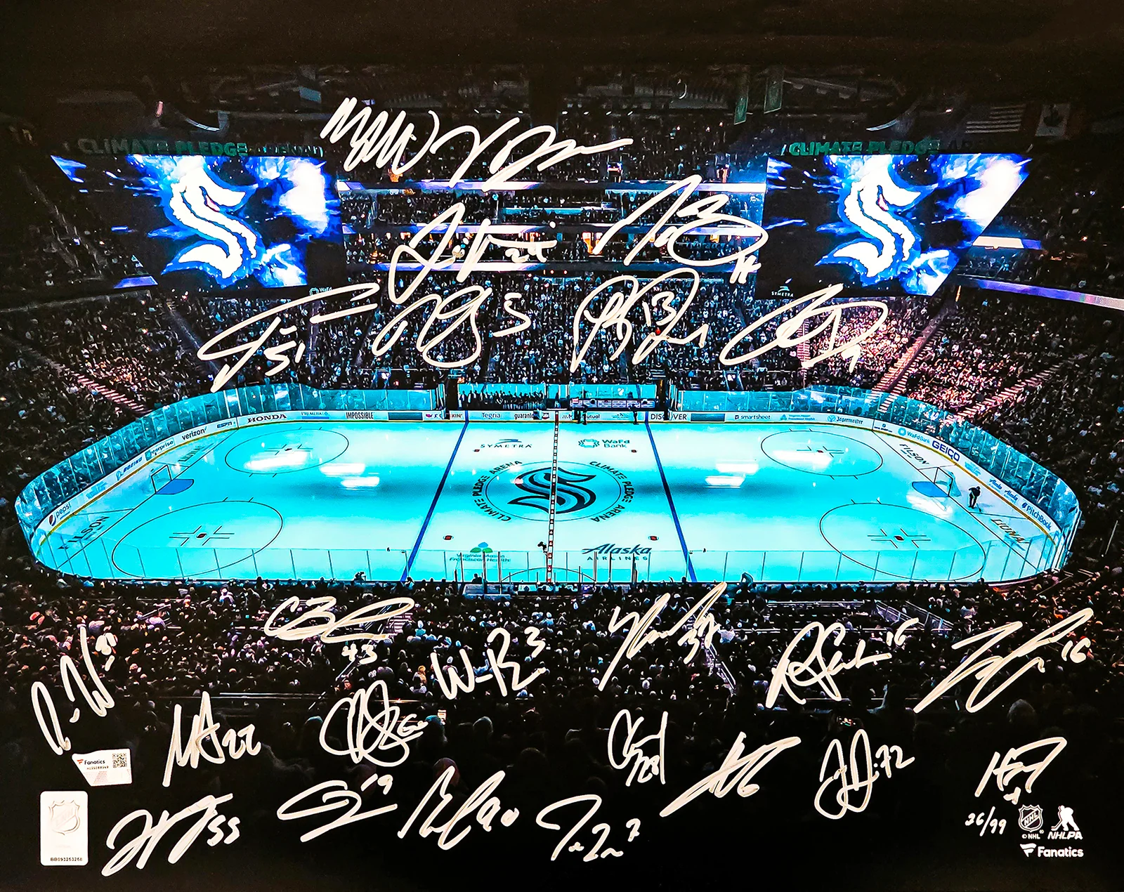 Seattle Kraken 2021-22 Inaugural Team Signed Autographed Framed 16x20 Photo With 24 Signatures Including Jordan Eberle & Yanni Gourde #/99 Fanatics Holo Stock #218624 - Image 2