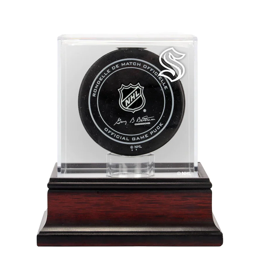 Fanatics Seattle Kraken Mahogany Base Display Case For Hockey Pucks With Team Logo Stock #210473