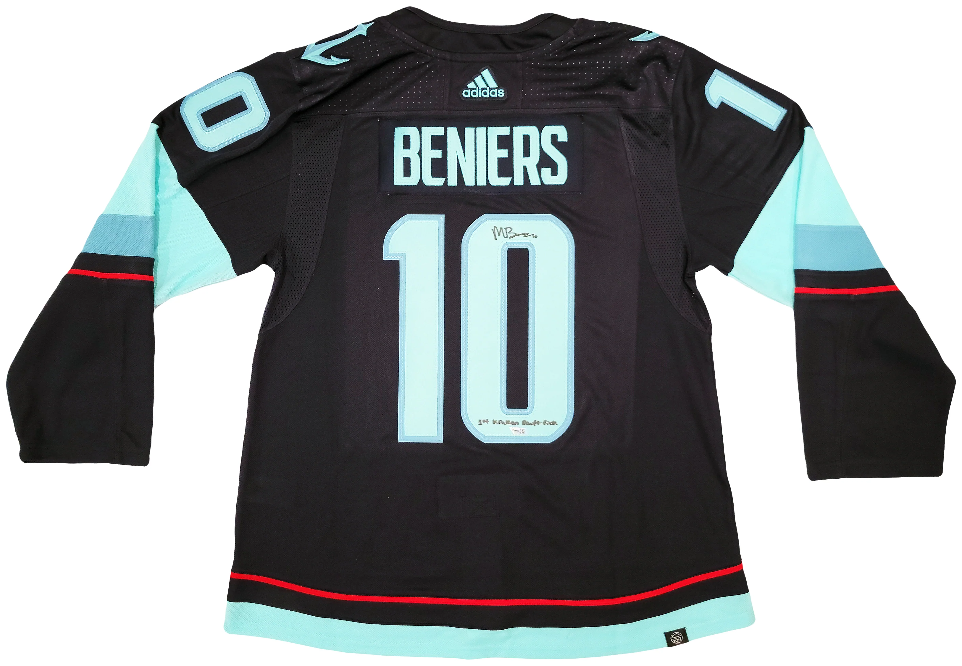 Seattle Kraken Matty Beniers Autographed Blue Adidas Jersey Size 54 With Inaugural Patch "1st Kraken Draft Pick" Fanatics Holo Stock #206002 - Image 2