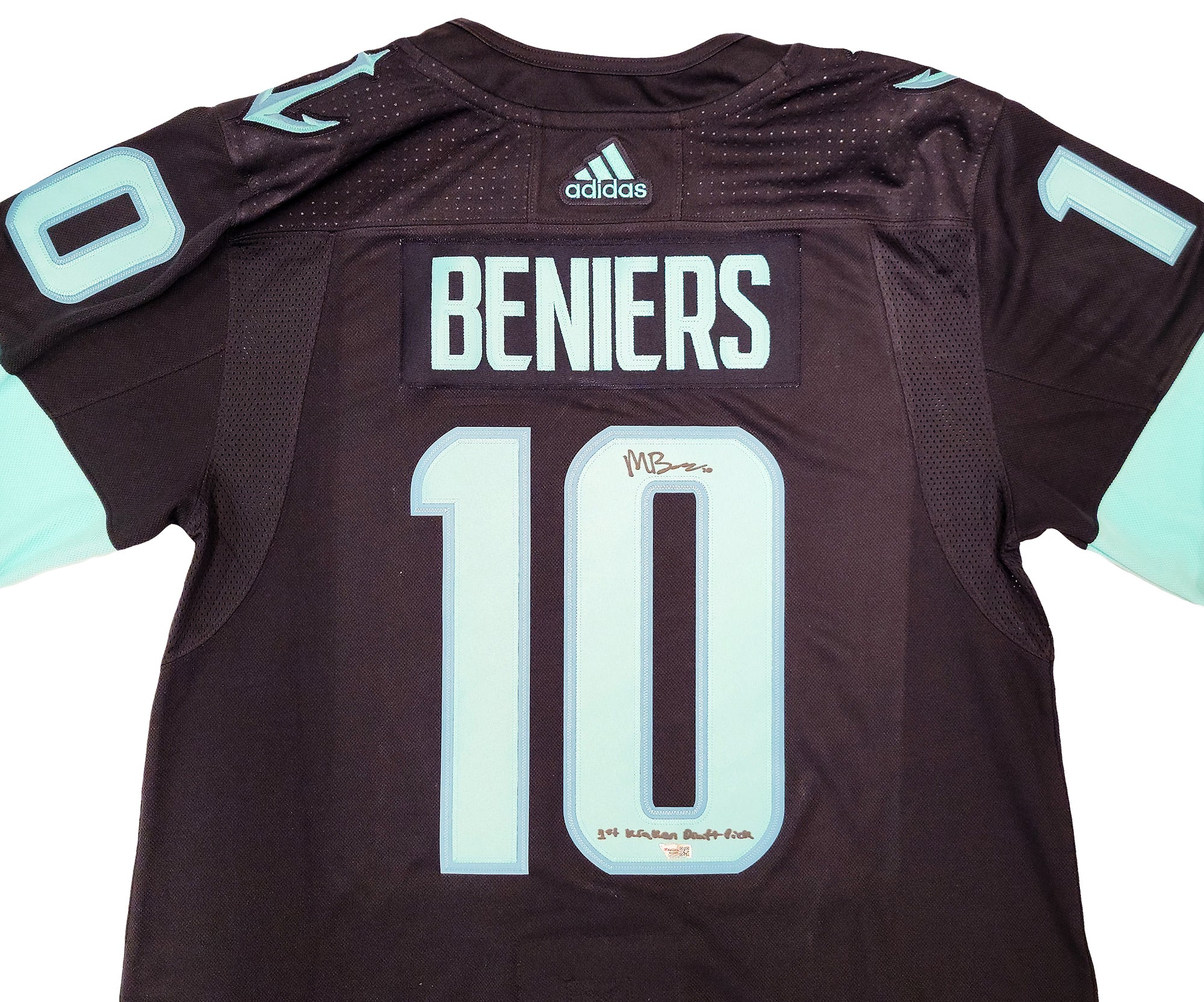 Seattle Kraken Matty Beniers Autographed Blue Adidas Jersey Size 54 With Inaugural Patch "1st Kraken Draft Pick" Fanatics Holo Stock #206002 - Image 3
