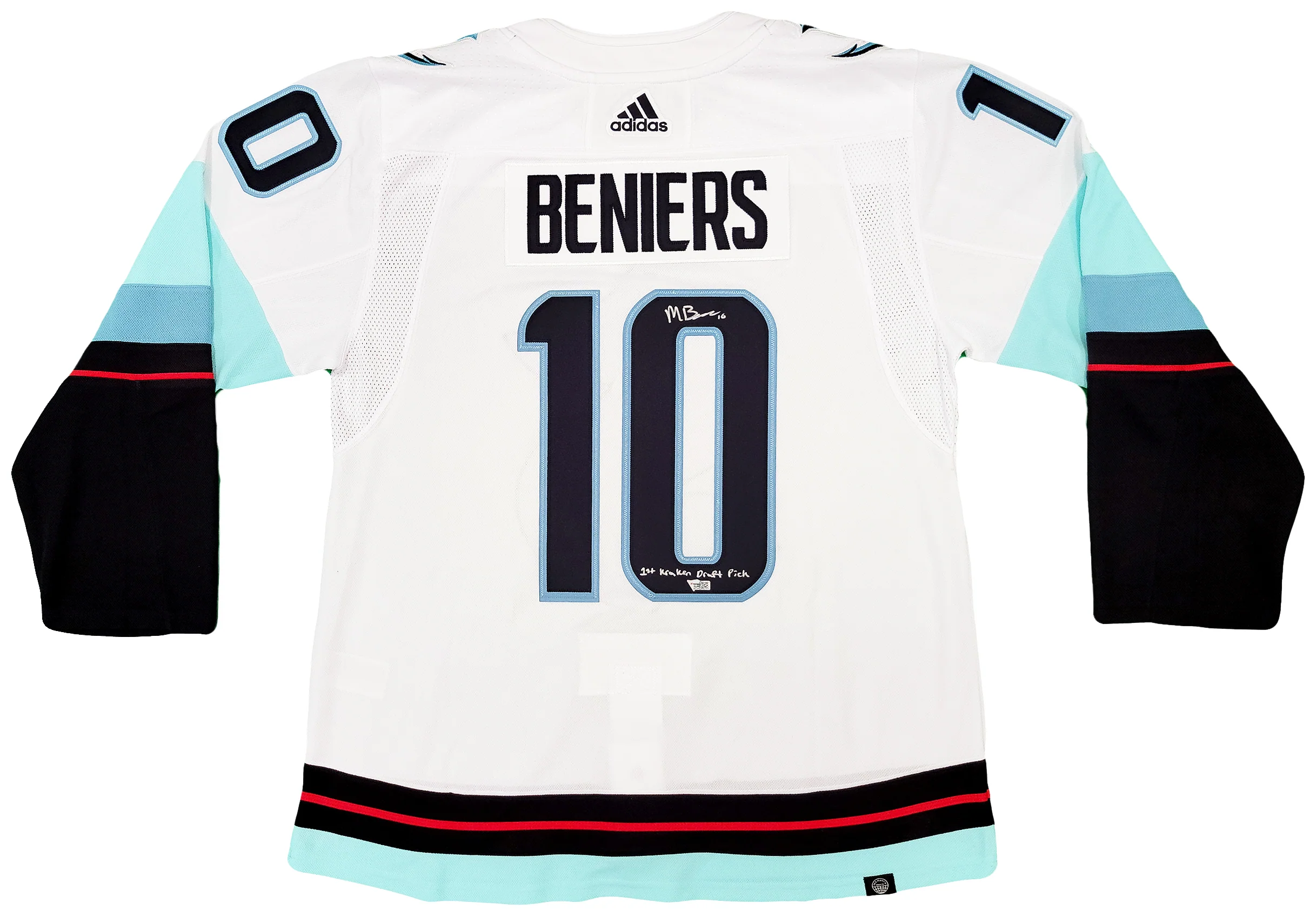 Seattle Kraken Matty Beniers Autographed White Adidas Authentic Jersey Size 54 With Inaugural Patch "1st Kraken Draft Pick" Fanatics Holo Stock #206010 - Image 2