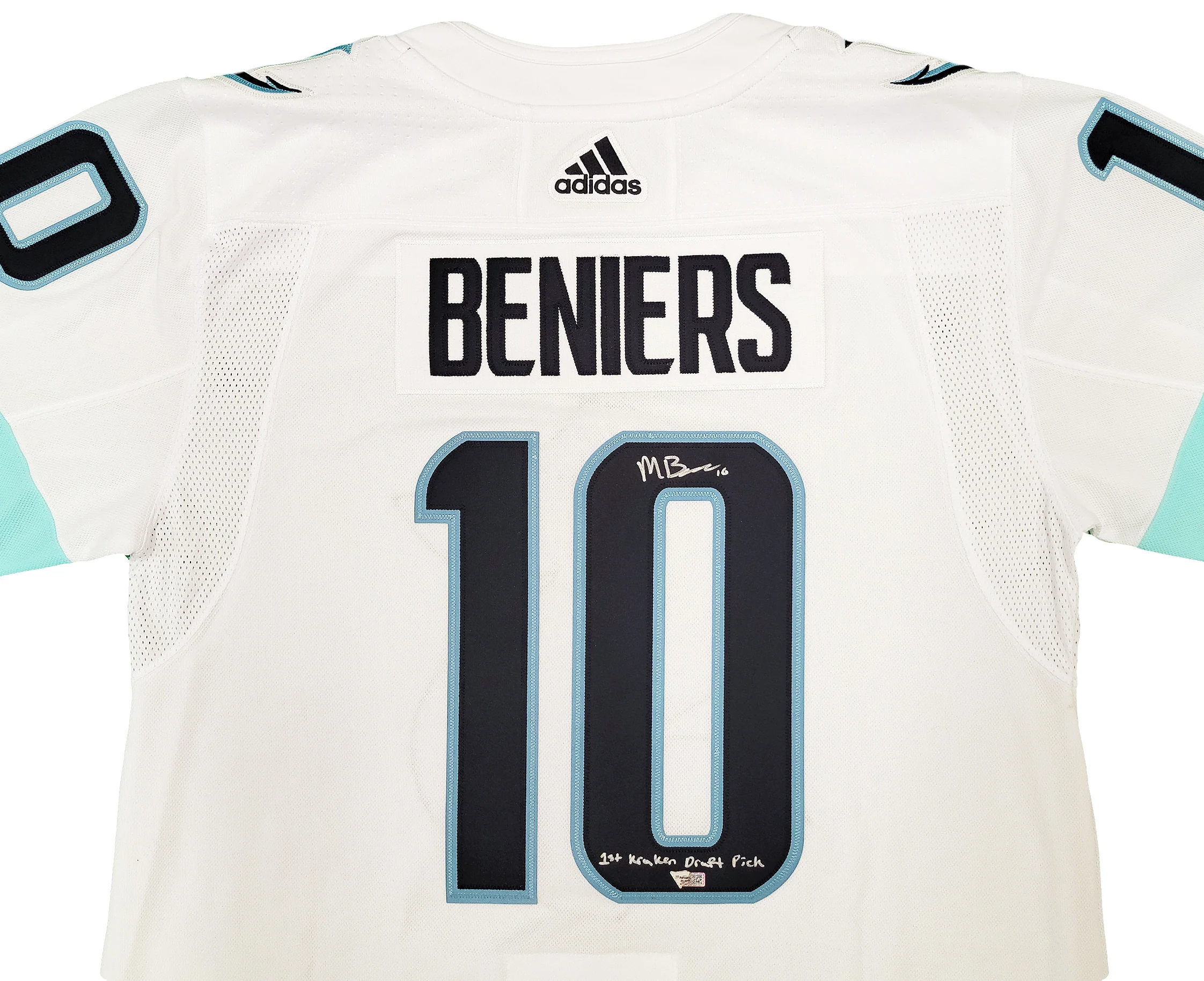 Seattle Kraken Matty Beniers Autographed White Adidas Authentic Jersey Size 54 With Inaugural Patch "1st Kraken Draft Pick" Fanatics Holo Stock #206010 - Image 3