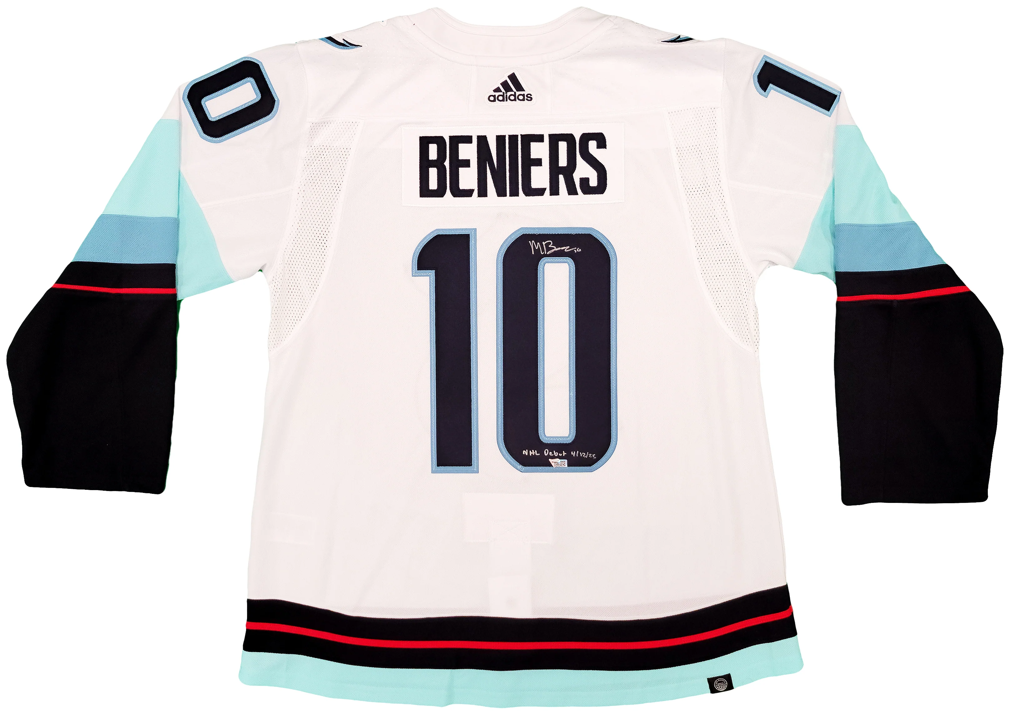 Seattle Kraken Matty Beniers Autographed White Adidas Authentic Jersey Size 54 With Inaugural Patch "NHL Debut" Fanatics Holo Stock #206011 - Image 2