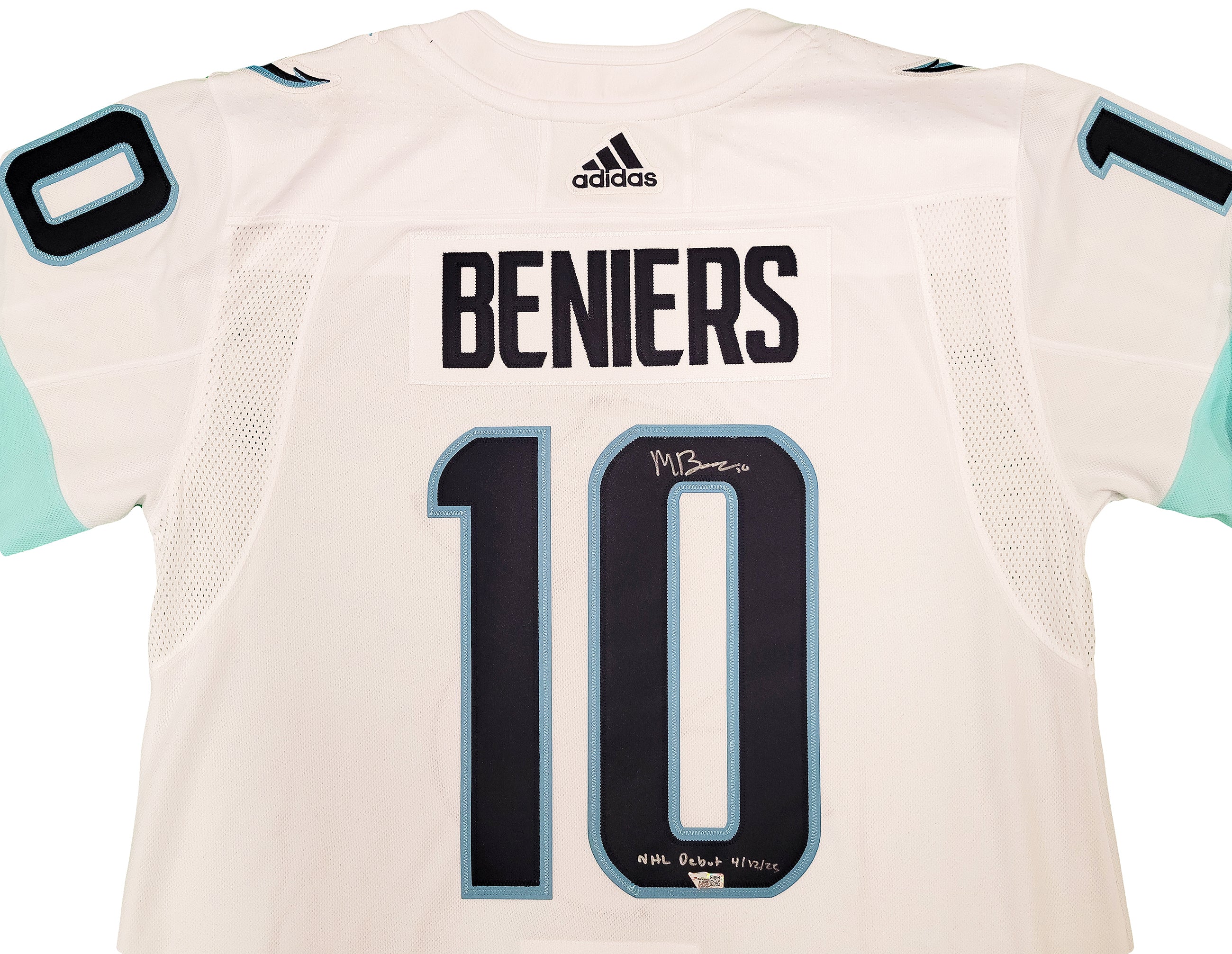 Seattle Kraken Matty Beniers Autographed White Adidas Authentic Jersey Size 54 With Inaugural Patch "NHL Debut" Fanatics Holo Stock #206011 - Image 3