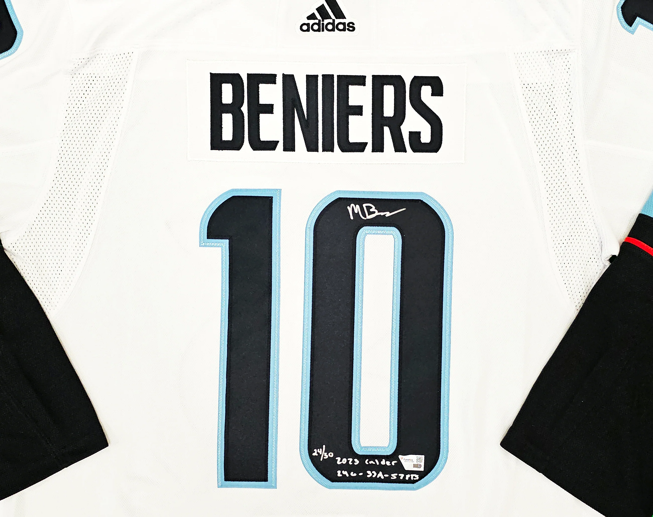 Seattle Kraken Matty Beniers Autographed White Adidas PrimeGreen Jersey Size 54 "2023 Calder 24G-33A-57PTS" #/50 Fanatics Holo Stock #220432 - Image 2
