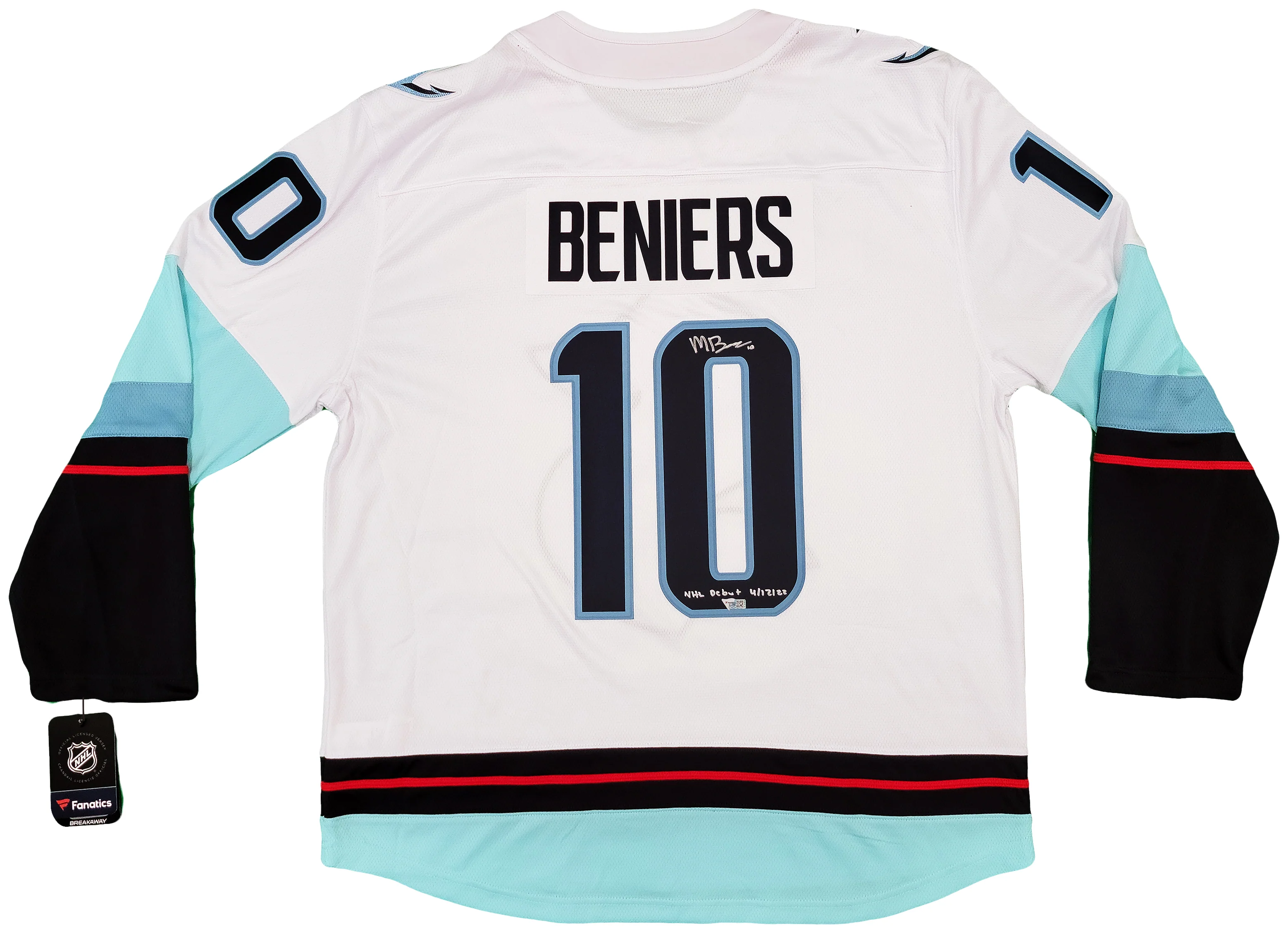 Seattle Kraken Matty Beniers Autographed White Fanatics Jersey Size XL With Inaugural Patch "NHL Debut" Fanatics Holo Stock #206008 - Image 2