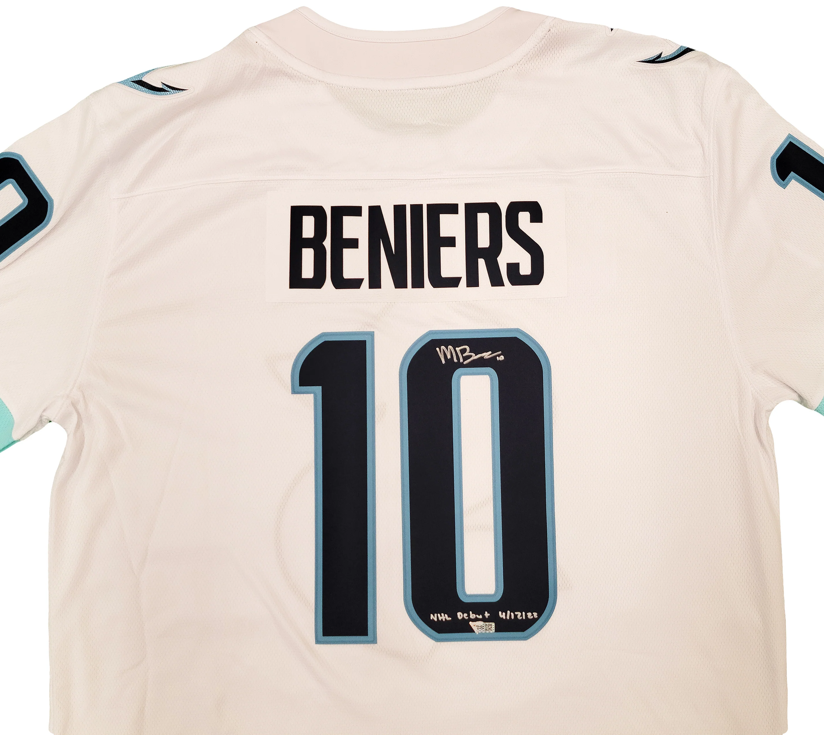 Seattle Kraken Matty Beniers Autographed White Fanatics Jersey Size XL With Inaugural Patch "NHL Debut" Fanatics Holo Stock #206008 - Image 3