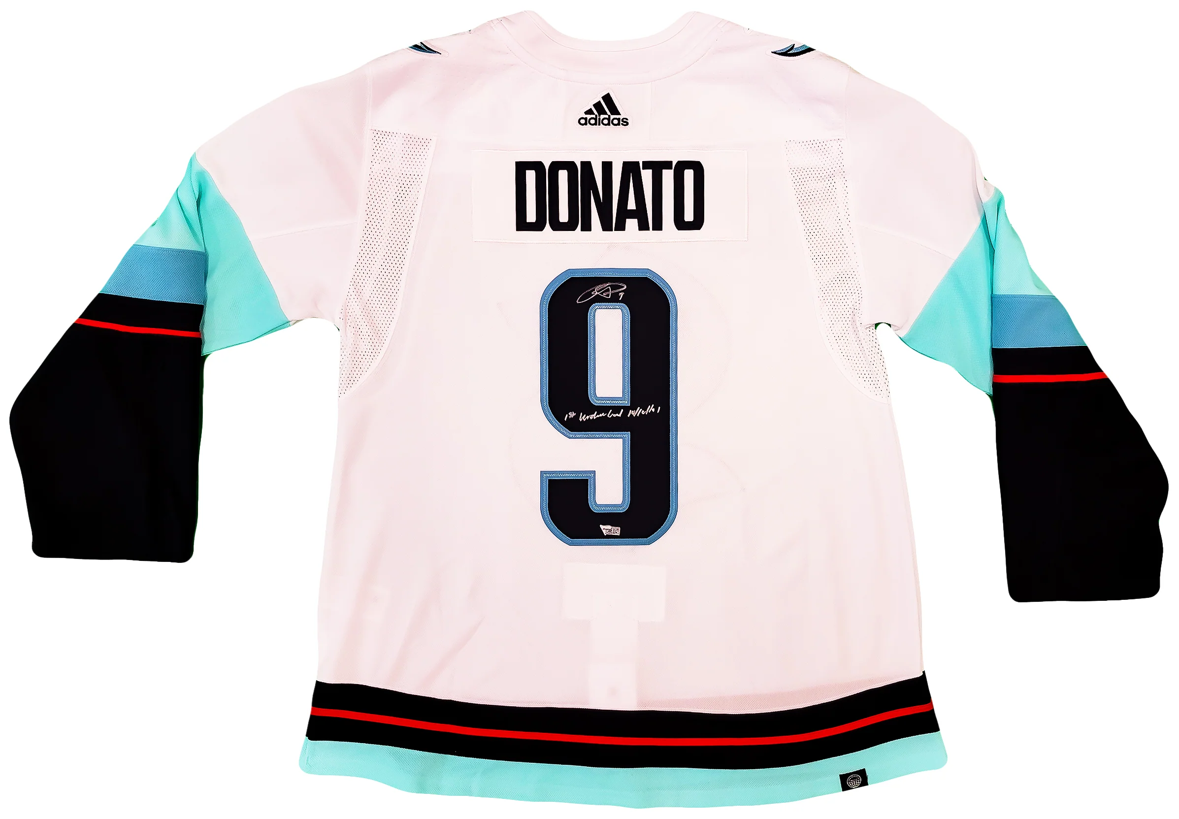 Seattle Kraken Ryan Donato Autographed White Adidas Jersey Size 54 "1st Kraken Goal" Inaugural Season Patch Fanatics Holo Stock #202596 - Image 2