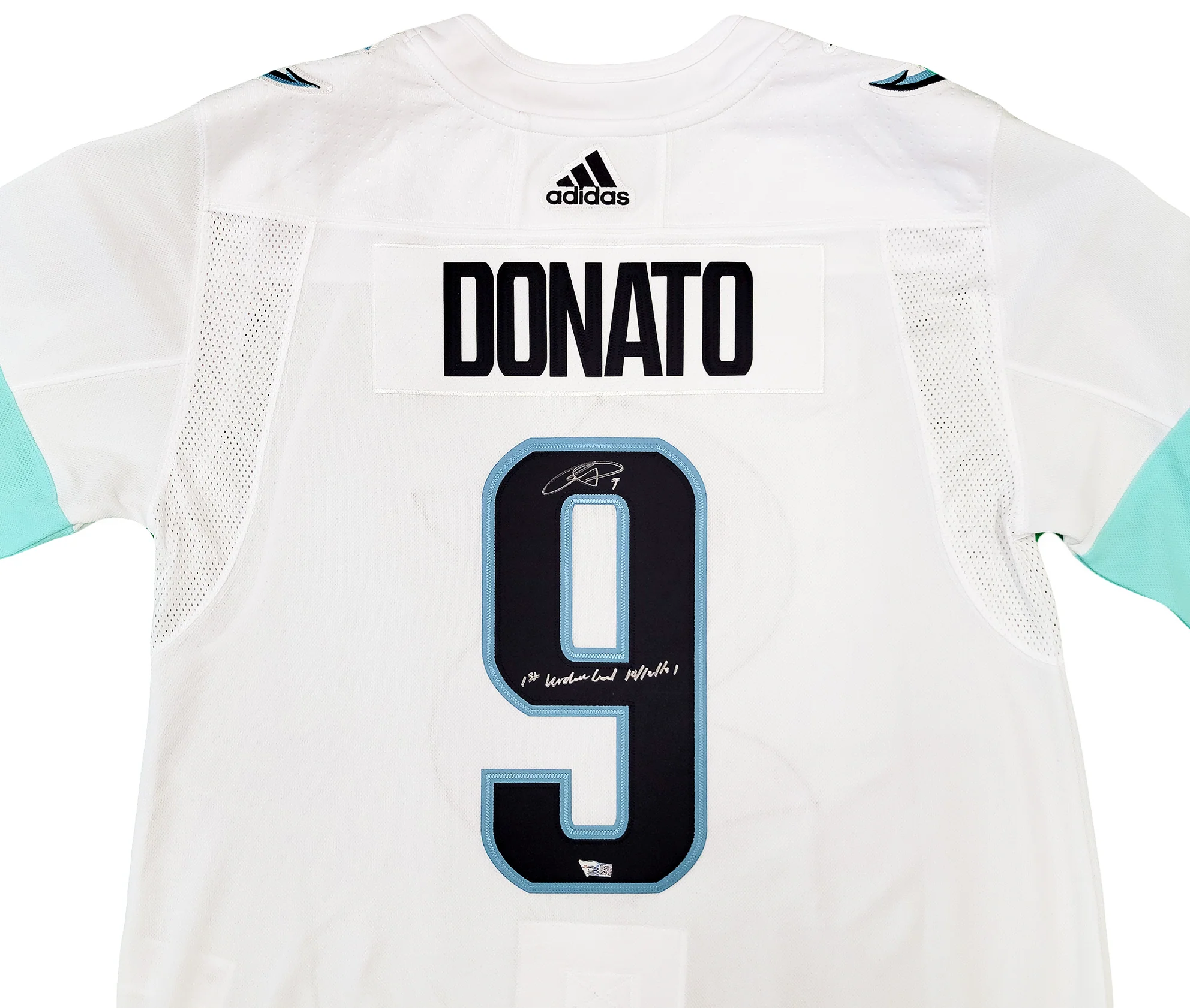 Seattle Kraken Ryan Donato Autographed White Adidas Jersey Size 54 "1st Kraken Goal" Inaugural Season Patch Fanatics Holo Stock #202596 - Image 3