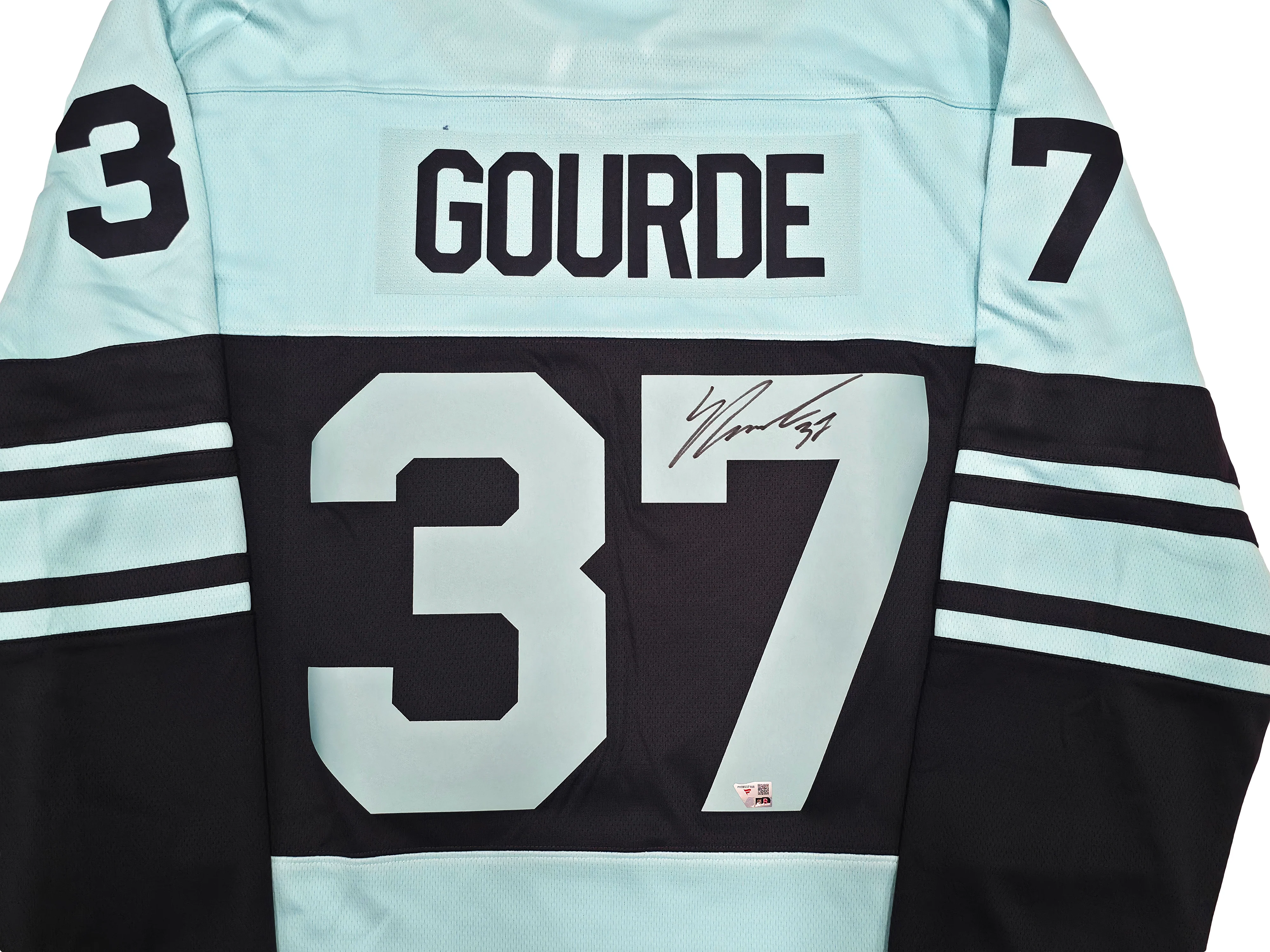 Seattle Kraken Yanni Gourde Autographed Blue & Green Fanatics Reverse Retro Jersey Size XL Fanatics Holo Stock #254449 - Image 2