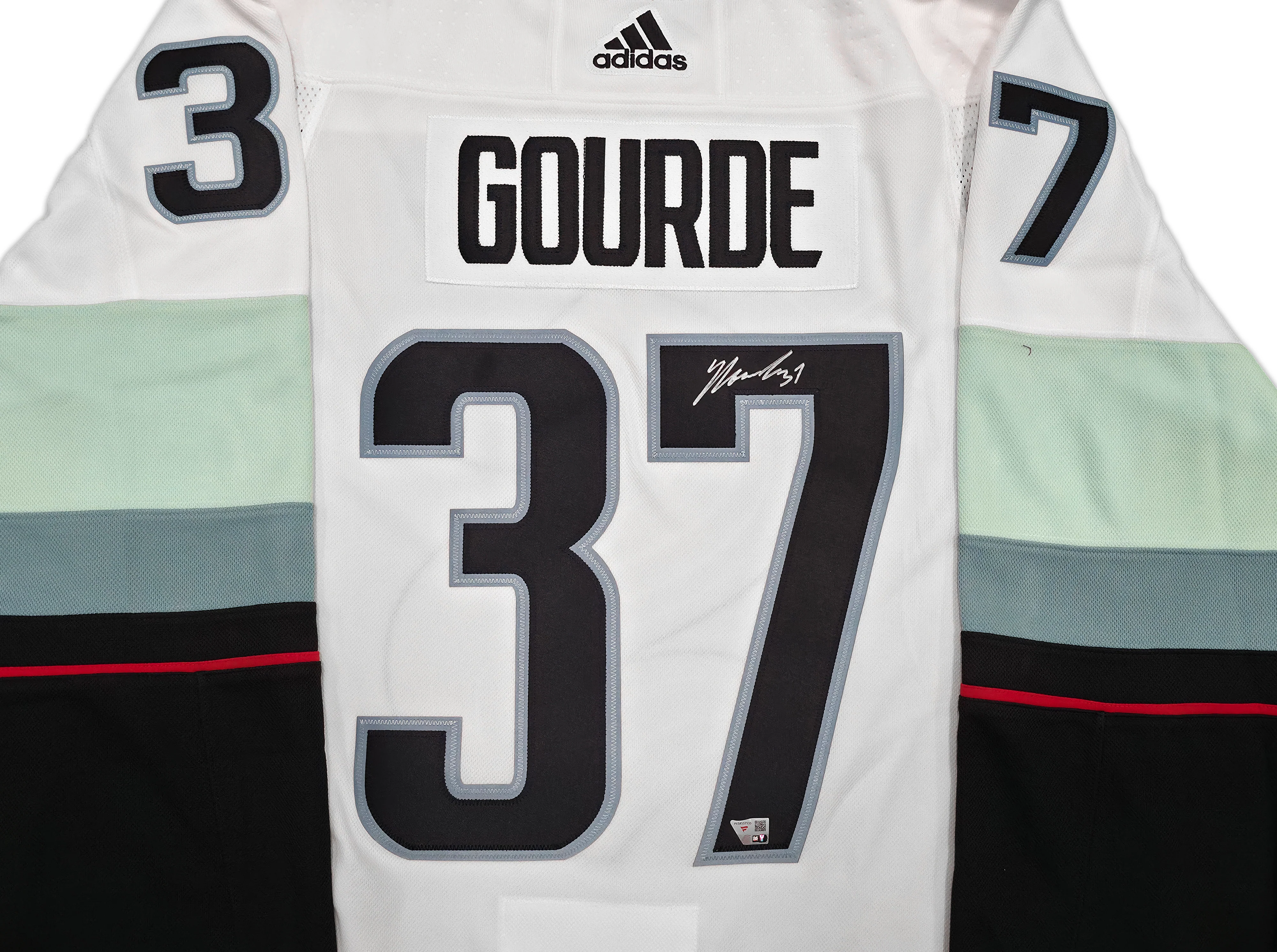 Seattle Kraken Yanni Gourde Autographed White Adidas Authentic Primegreen Jersey Size 54 Fanatics Holo Stock #254450 - Image 2